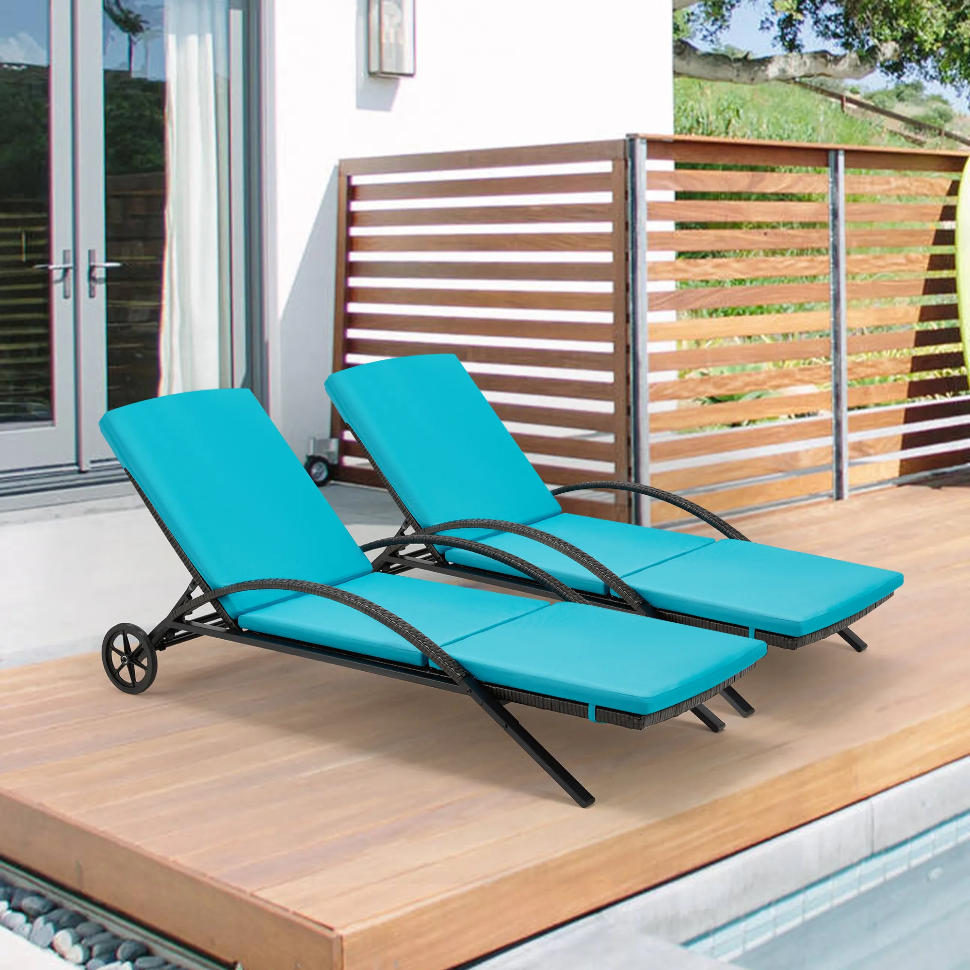 HOMREST Outdoor Chaise Lounge Chair Clearance Set of 2, PE Rattan Wicker Pool Lounge Chair with Wheels for Poolside (Blue)