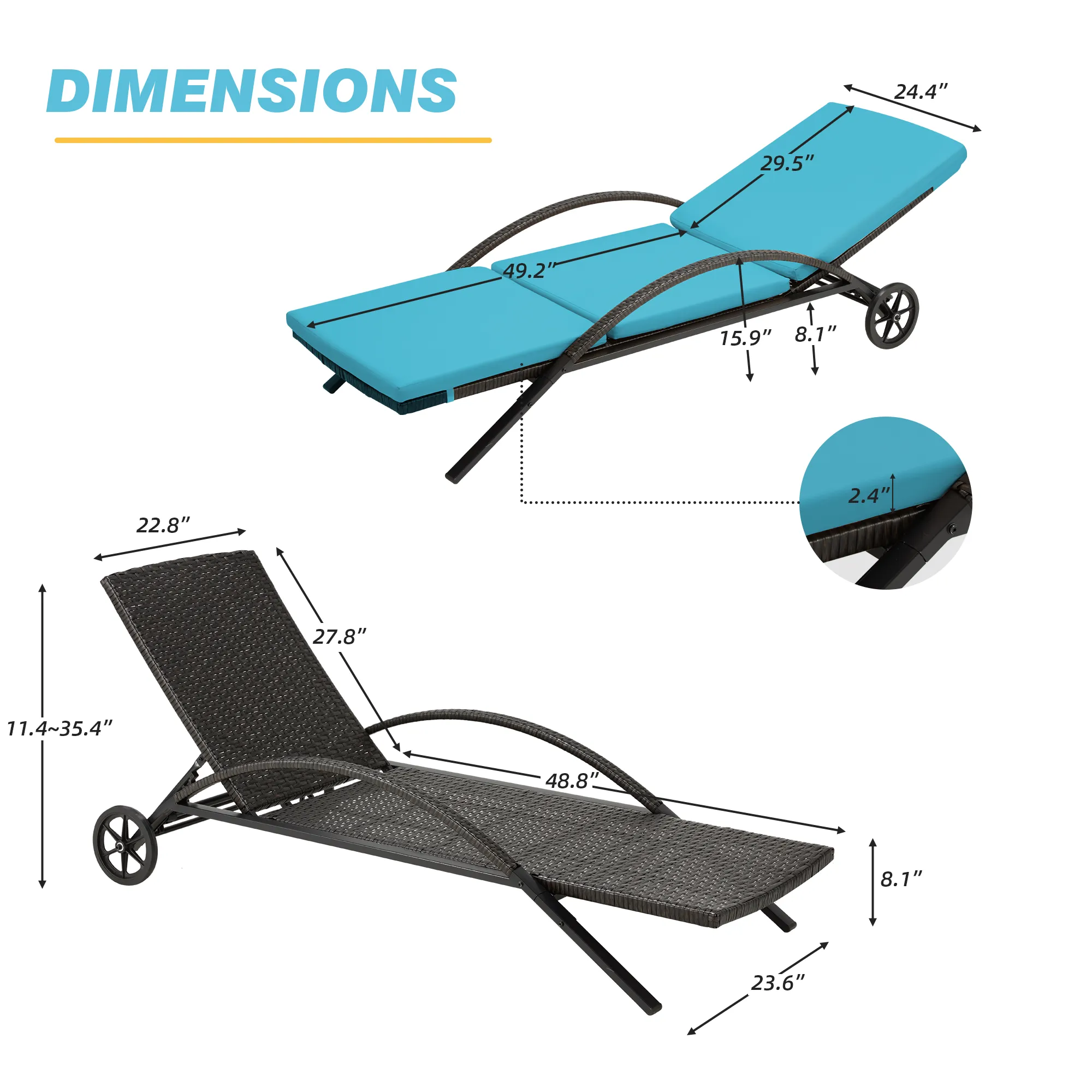 HOMREST Outdoor Chaise Lounge Chair Clearance Set of 2, PE Rattan Wicker Pool Lounge Chair with Wheels for Poolside (Blue)