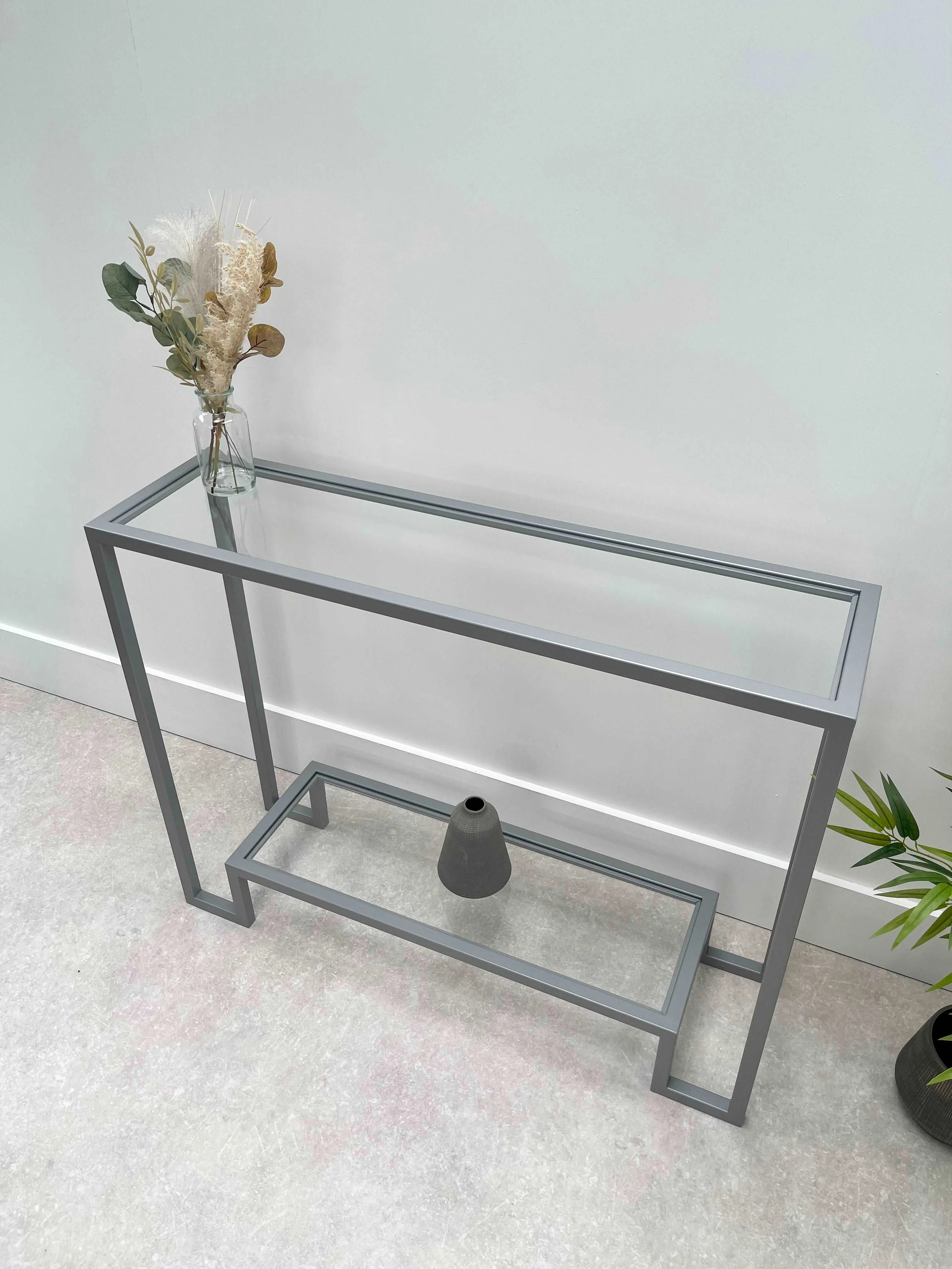 Hudson Glass Metal Console Table - Silver Grey