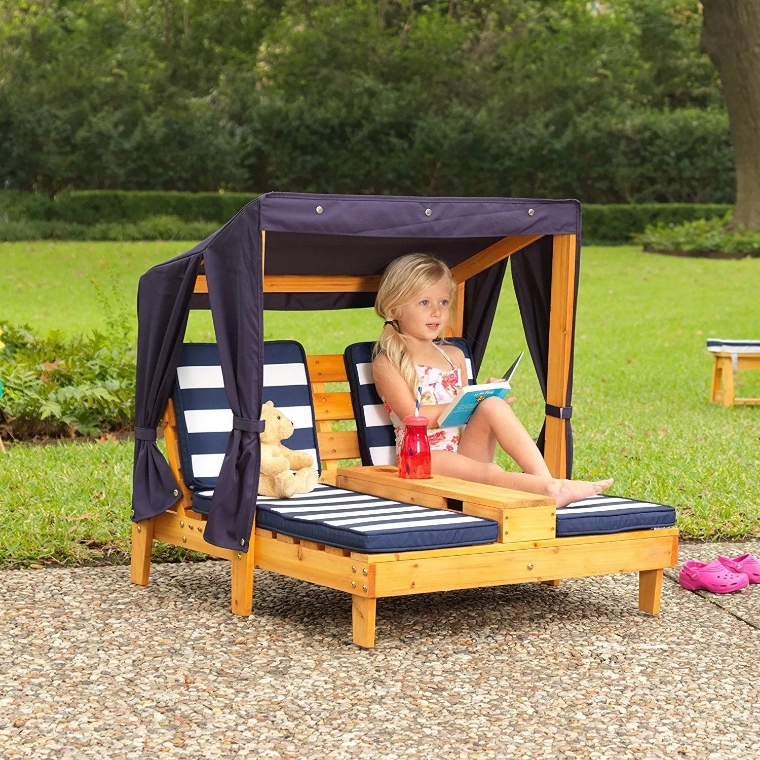 KidKraft Outdoor Double Chaise Lounge, Honey/Navy/White, One Size