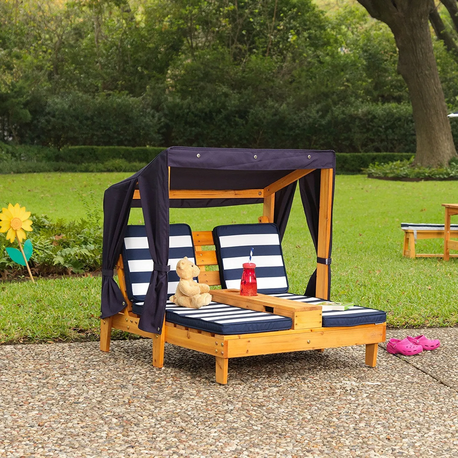 KidKraft Outdoor Double Chaise Lounge, Honey/Navy/White, One Size