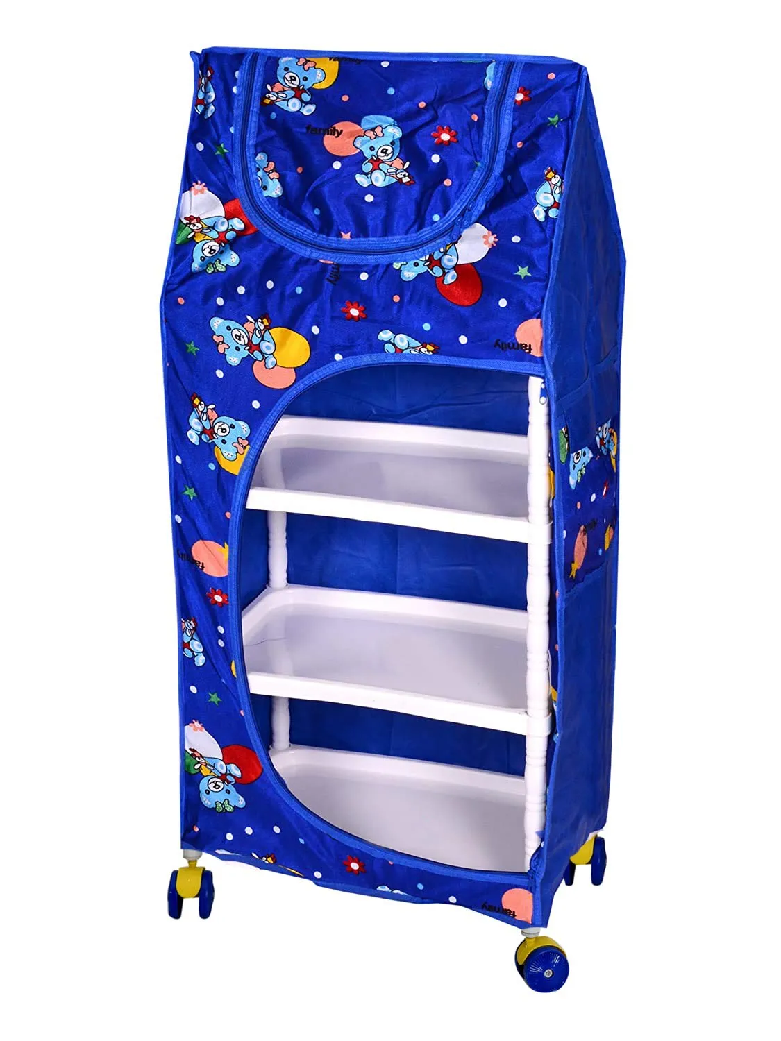 Kuber Industries Multipurpose Plastic Printed Foldable Toy Box/Wardrobe Storage Almirah for Kids with 4 Shelves (Blue)-KUBMART1155