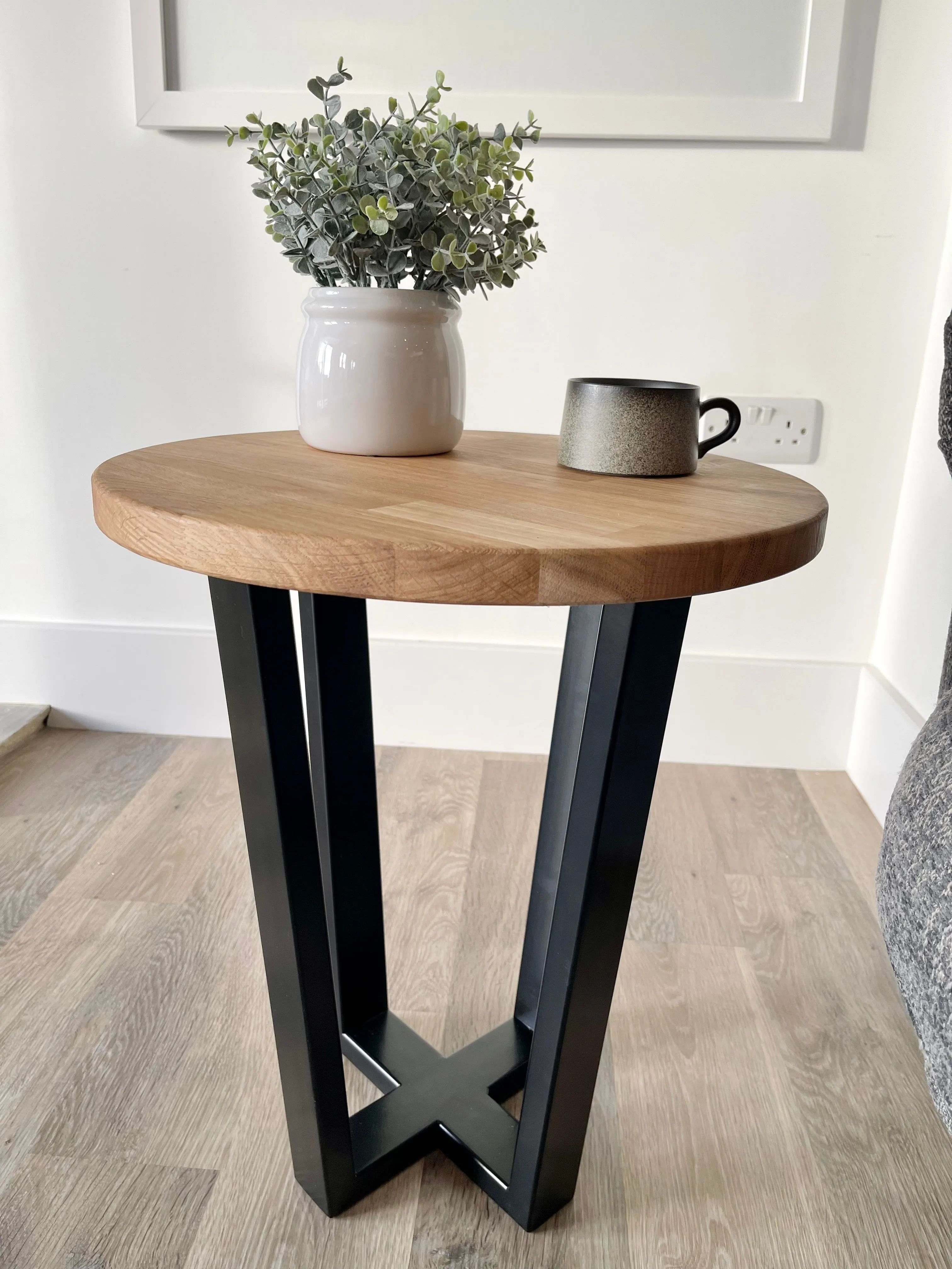 Landon Round Oak Metal Side Table