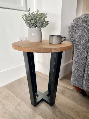 Landon Round Oak Metal Side Table