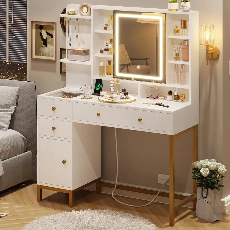 Makeup Vanity with Dimmable LED Mirror with Lights and Charging Station