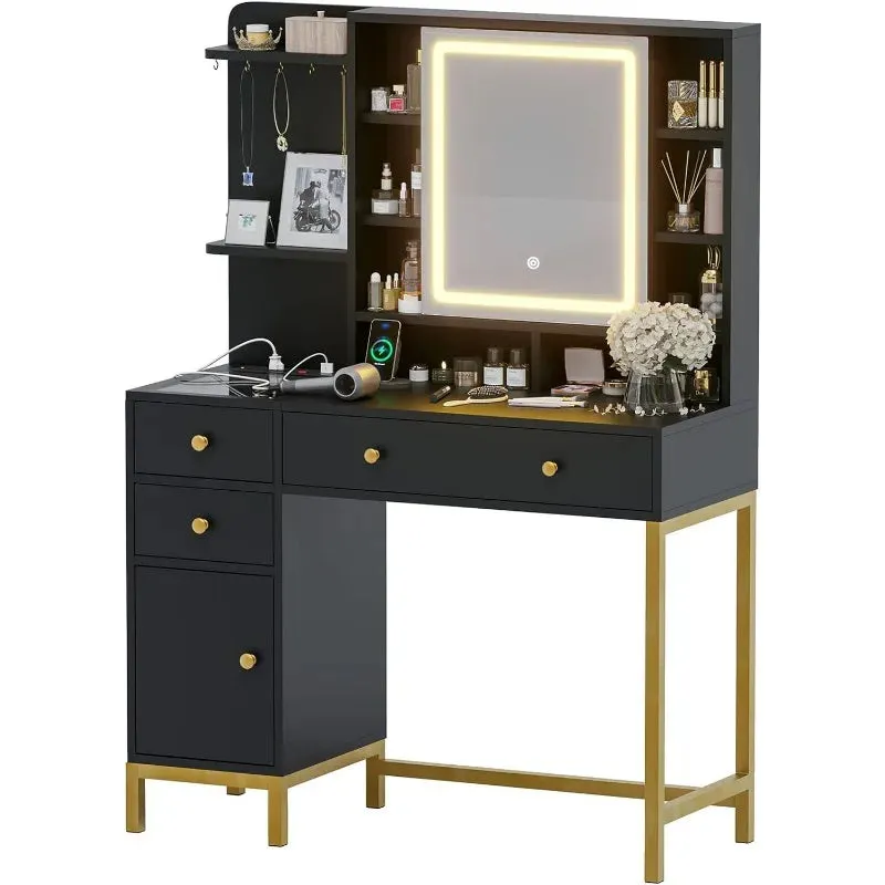 Makeup Vanity with Dimmable LED Mirror with Lights and Charging Station