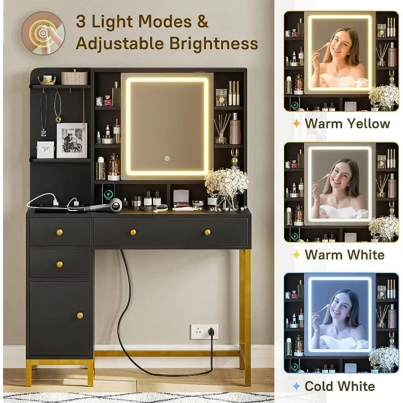 Makeup Vanity with Dimmable LED Mirror with Lights and Charging Station