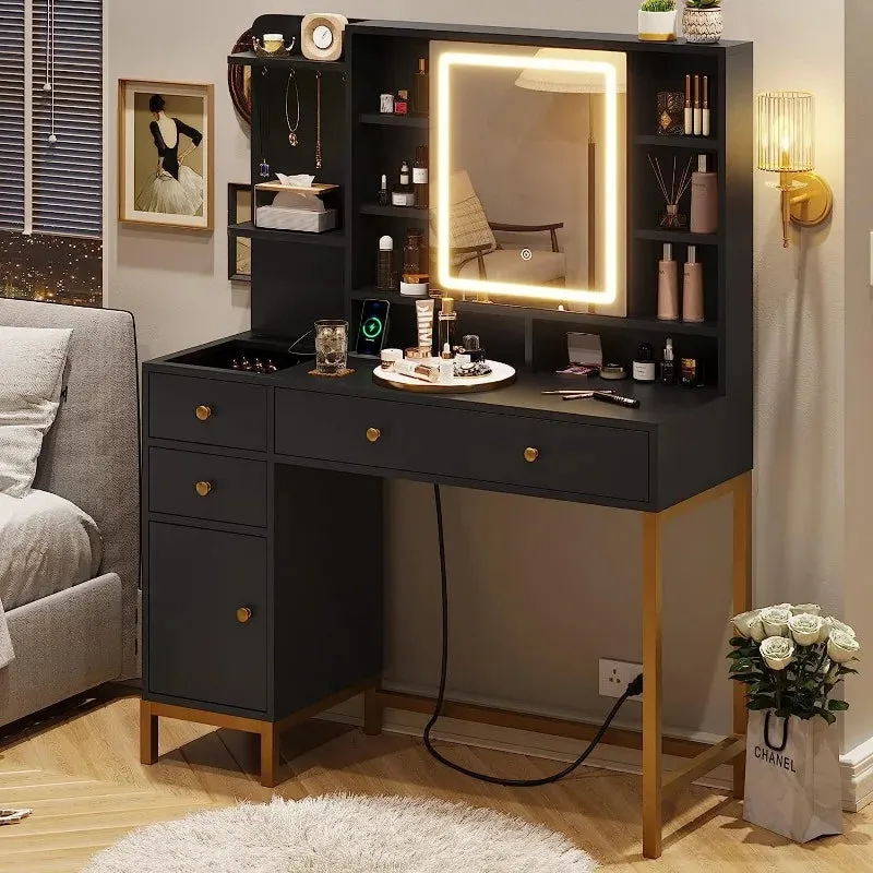 Makeup Vanity with Dimmable LED Mirror with Lights and Charging Station