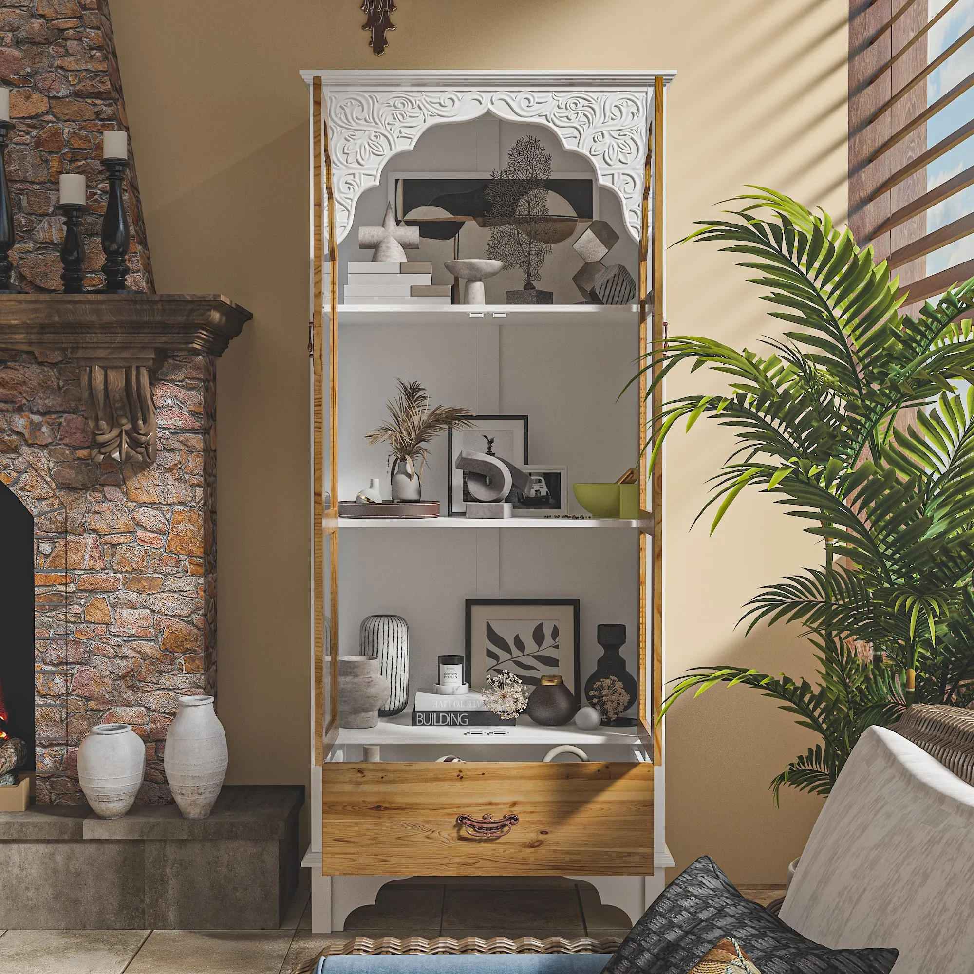 Mid-Century Bookcase with Drawers and Glass Doors