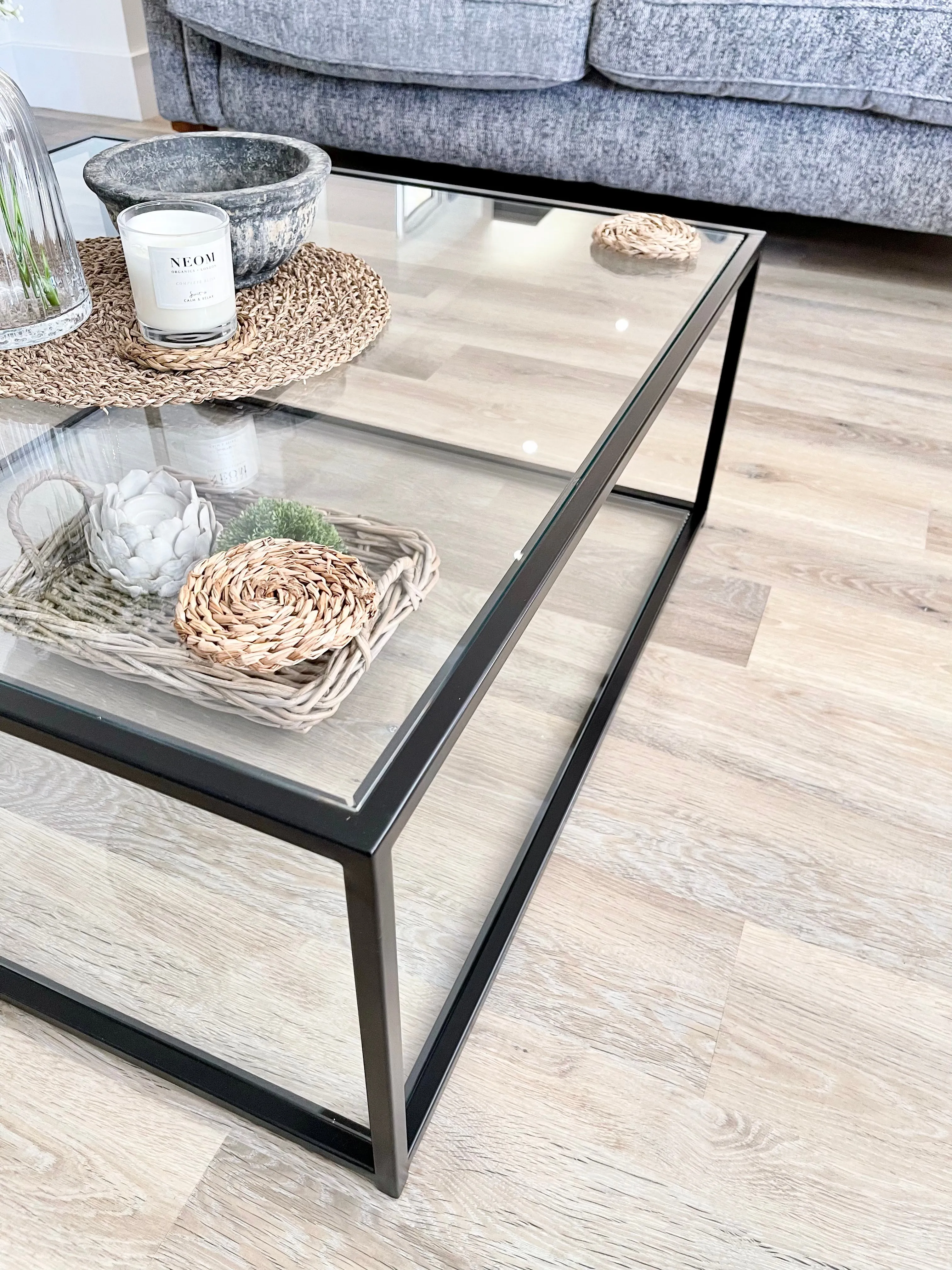 Mila Square Metal Glass Coffee Table With Shelf - Black