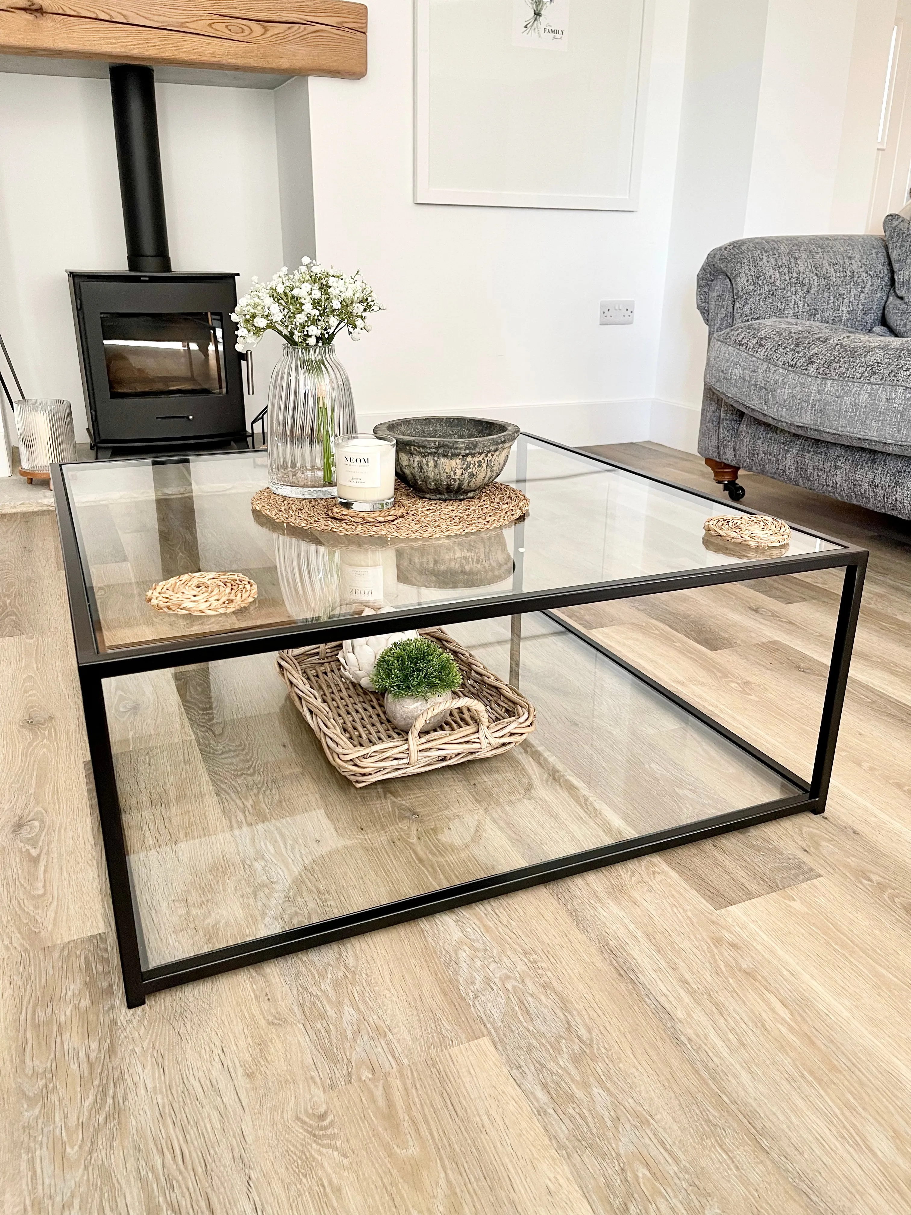 Mila Square Metal Glass Coffee Table With Shelf - Black