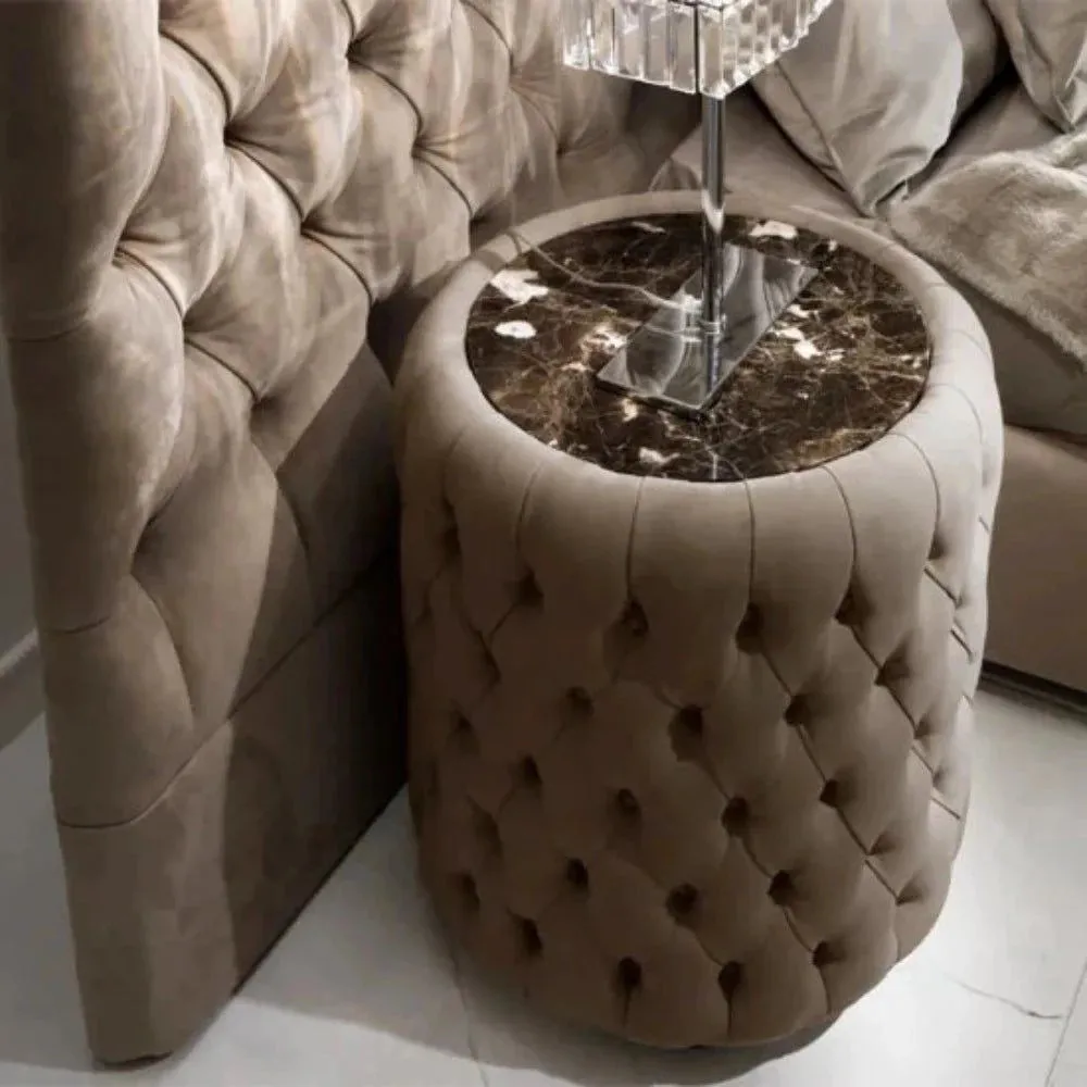 Modern Luxury Upholstered Bed With Round Side Tables in Suede