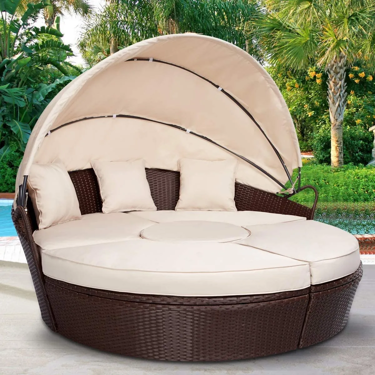 Outdoor Sectional Round Daybed with Retractable Canopy & Coffee Table