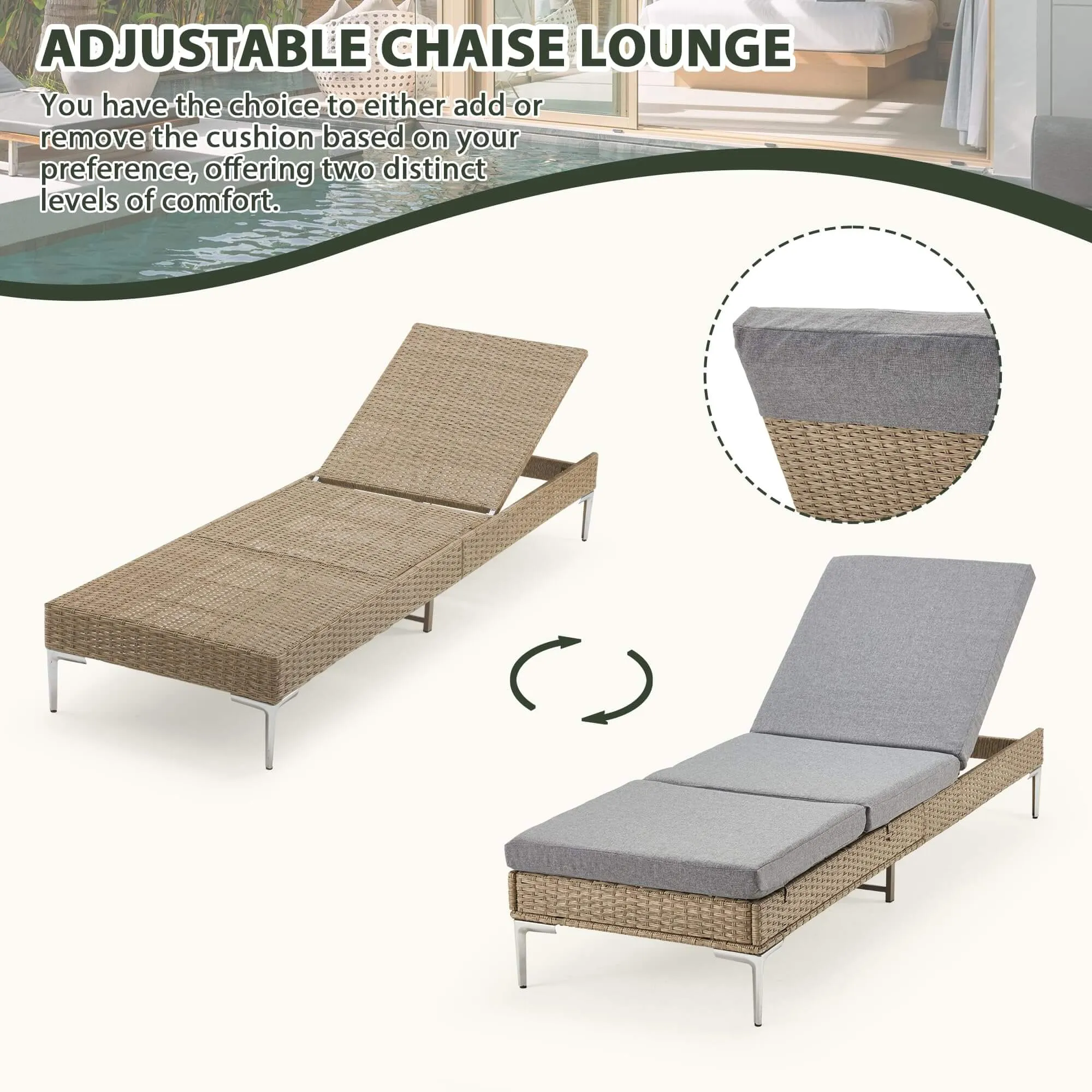 Patio Rattan Chaise Lounge Chair Outdoor Wicker Recliner Thickened Cushion Stepless Adjustable with Gas Cylinder, Gray