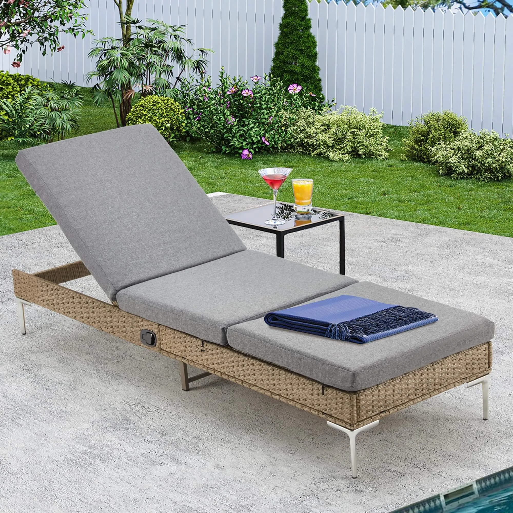 Patio Rattan Chaise Lounge Chair Outdoor Wicker Recliner Thickened Cushion Stepless Adjustable with Gas Cylinder, Gray