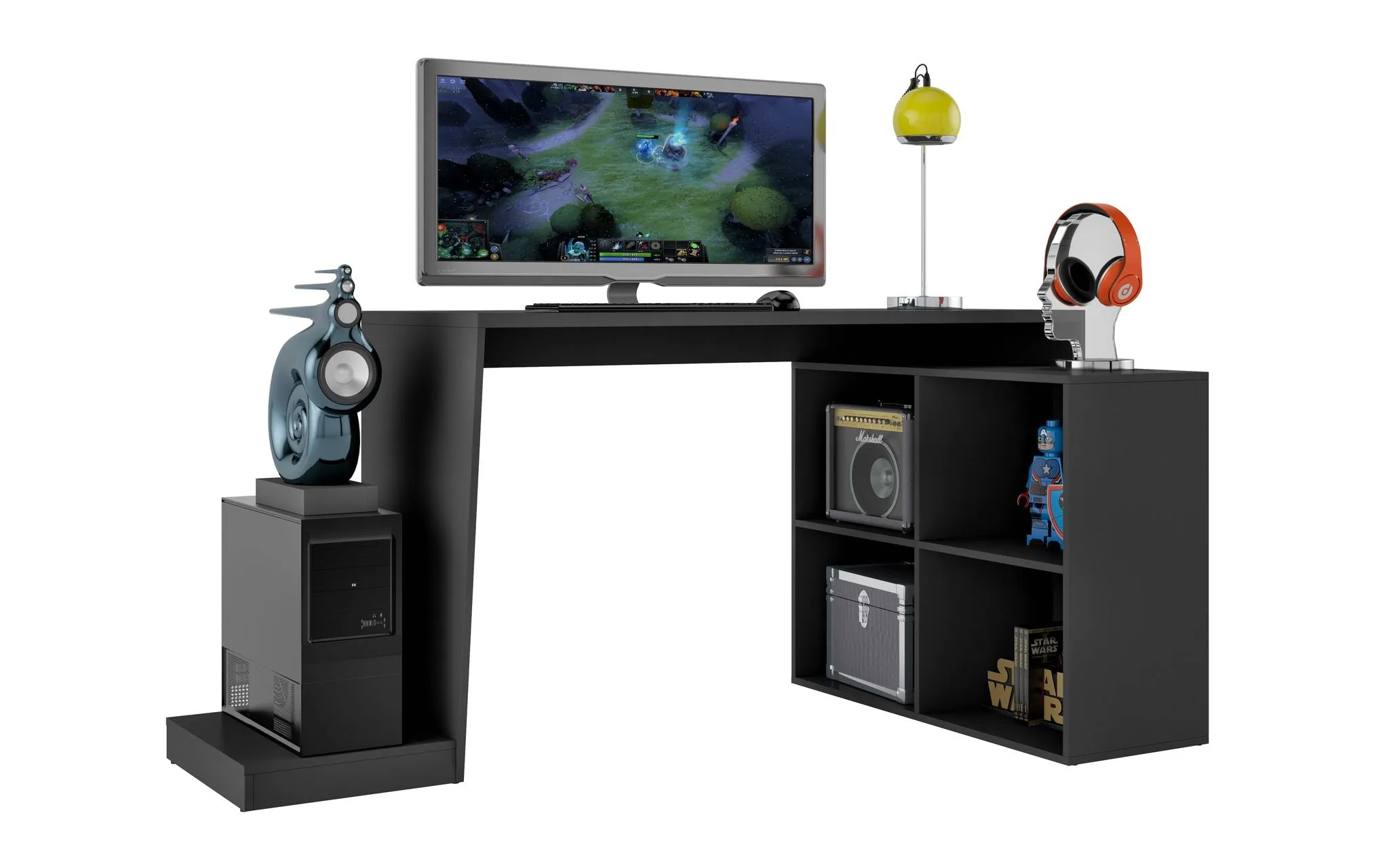 Randalls Enhanced 3.0 Gamer Desk with Integrated 4-Shelf Storage in Sleek Black