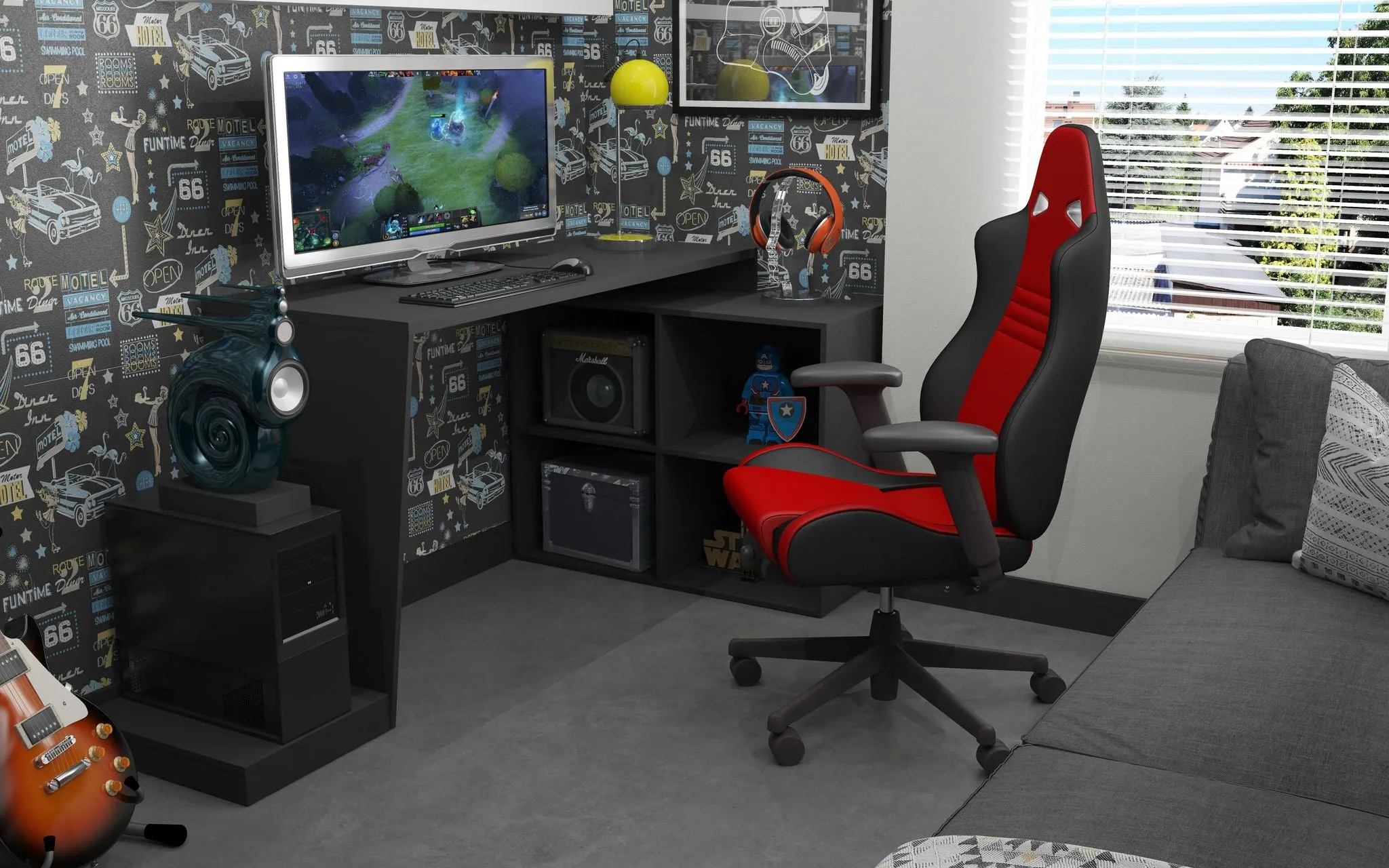 Randalls Enhanced 3.0 Gamer Desk with Integrated 4-Shelf Storage in Sleek Black