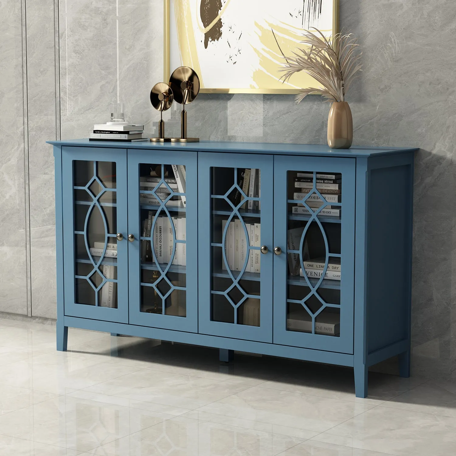 Retro Relief Dining Sideboard 4-Door Display Cabinet for Kitchen Living Room