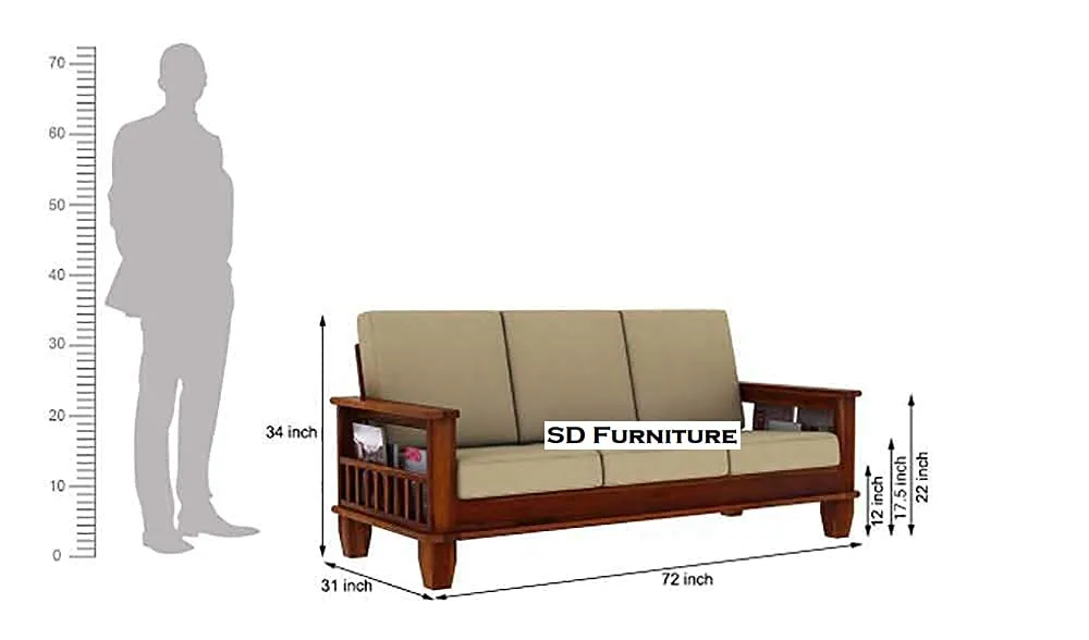 SDSF ARTS Solid Sheesham Wood Sofa Set 5 Seater | Wooden Sofa Sets 3 1 1 with Side Magazine Holder for Living Room | Five Seater Sofa Set with Coffee Table for Office | Cream Cushion & Honey Finish