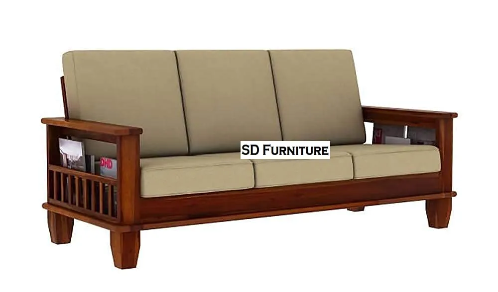 SDSF ARTS Solid Sheesham Wood Sofa Set 5 Seater | Wooden Sofa Sets 3 1 1 with Side Magazine Holder for Living Room | Five Seater Sofa Set with Coffee Table for Office | Cream Cushion & Honey Finish