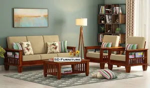 SDSF ARTS Solid Sheesham Wood Sofa Set 5 Seater | Wooden Sofa Sets 3 1 1 with Side Magazine Holder for Living Room | Five Seater Sofa Set with Coffee Table for Office | Cream Cushion & Honey Finish