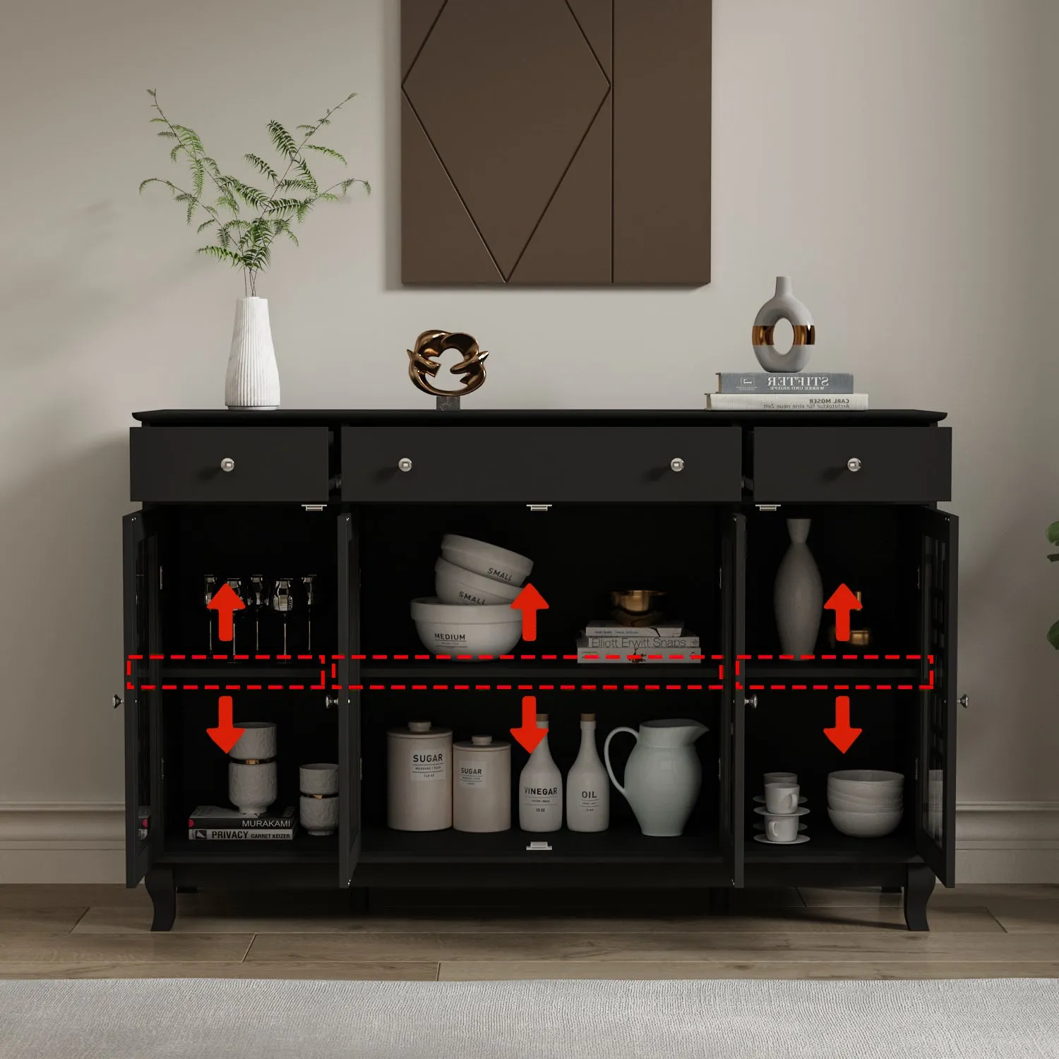 Sideboard Kitchen Buffet Cabinet with Glass Doors 3 Drawers & 6 Storage Compartments