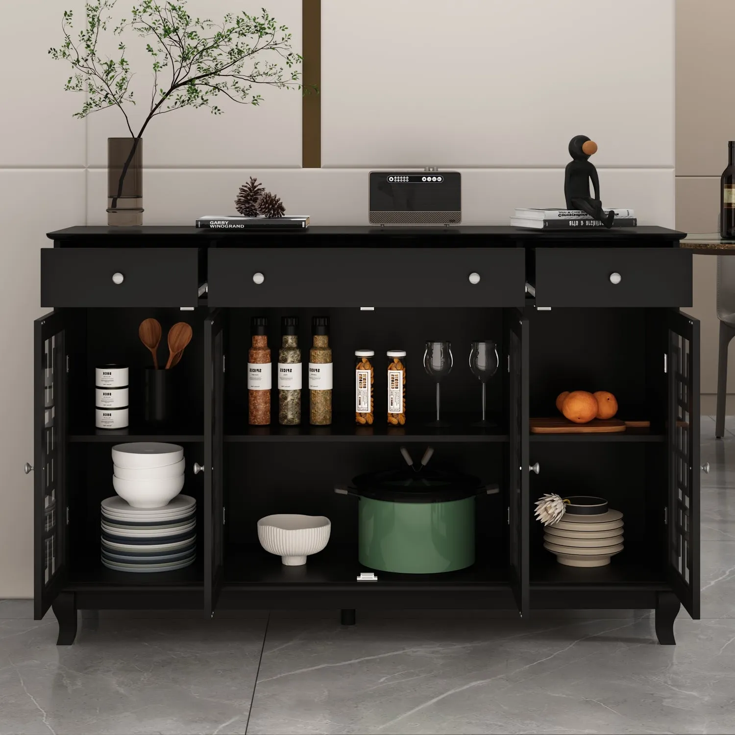 Sideboard Kitchen Buffet Cabinet with Glass Doors 3 Drawers & 6 Storage Compartments