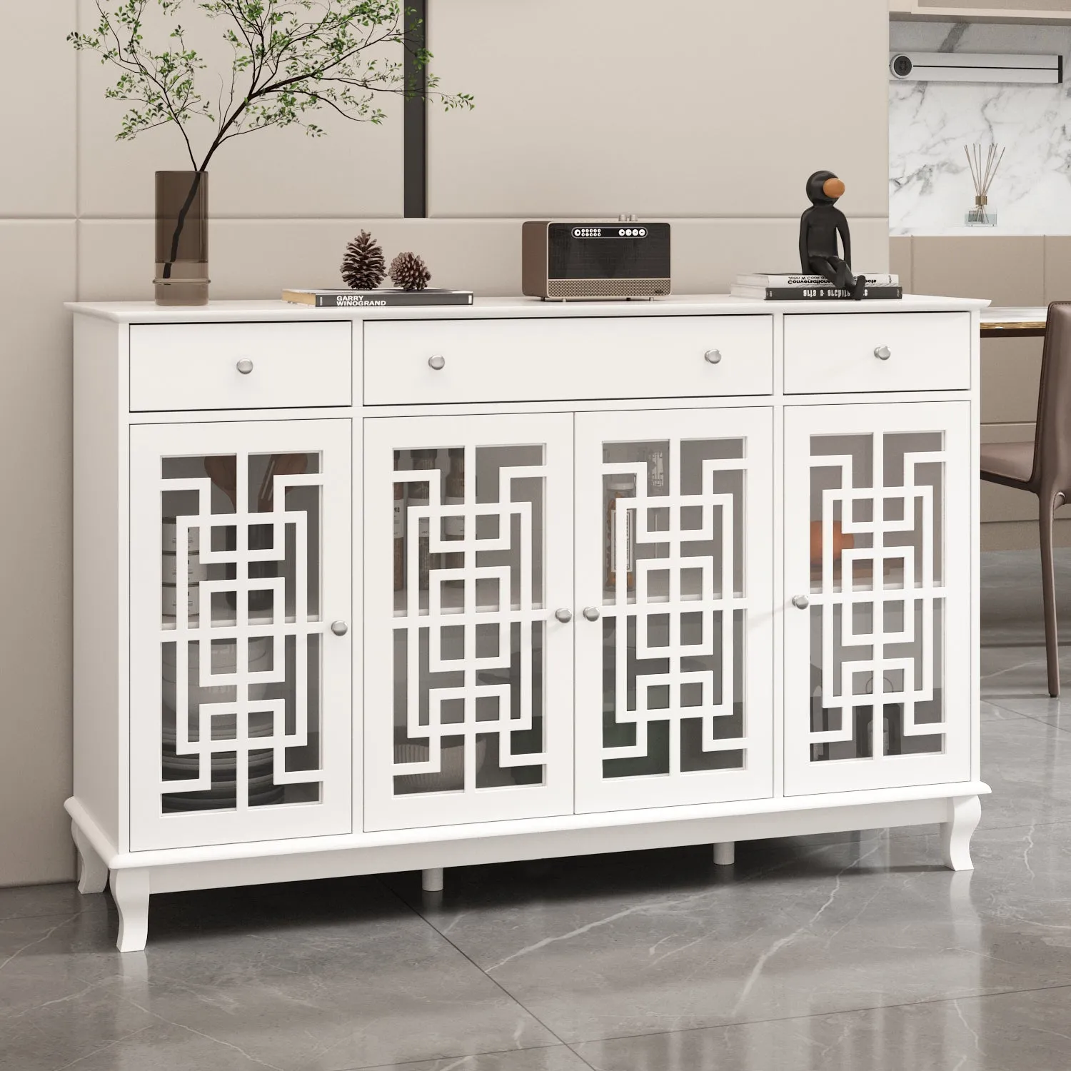 Sideboard Kitchen Buffet Cabinet with Glass Doors 3 Drawers & 6 Storage Compartments