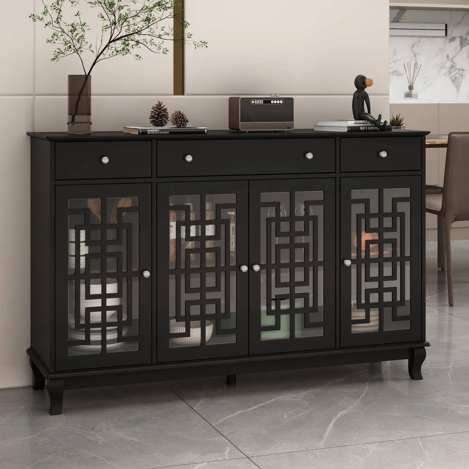 Sideboard Kitchen Buffet Cabinet with Glass Doors 3 Drawers & 6 Storage Compartments