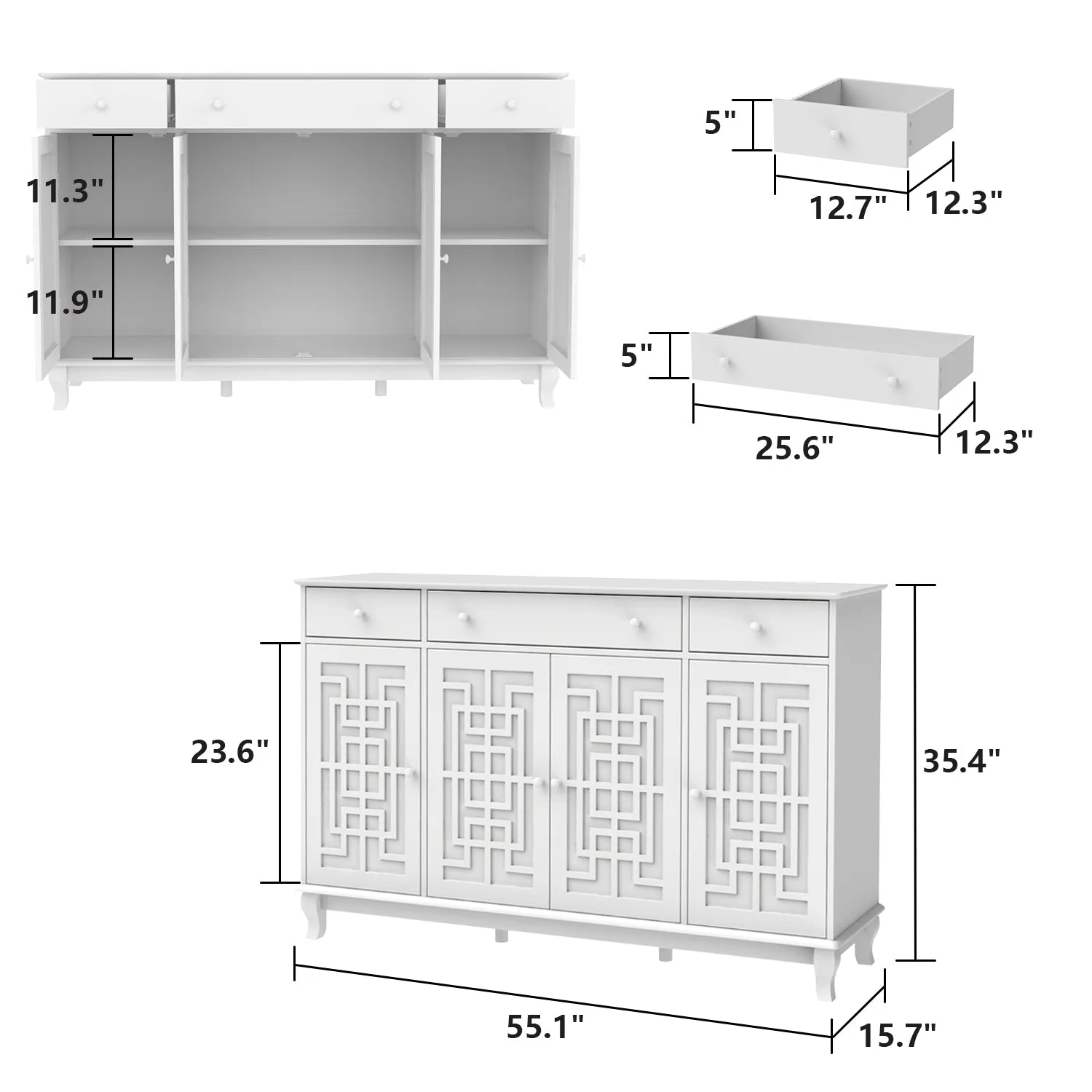 Sideboard Kitchen Buffet Cabinet with Glass Doors 3 Drawers & 6 Storage Compartments