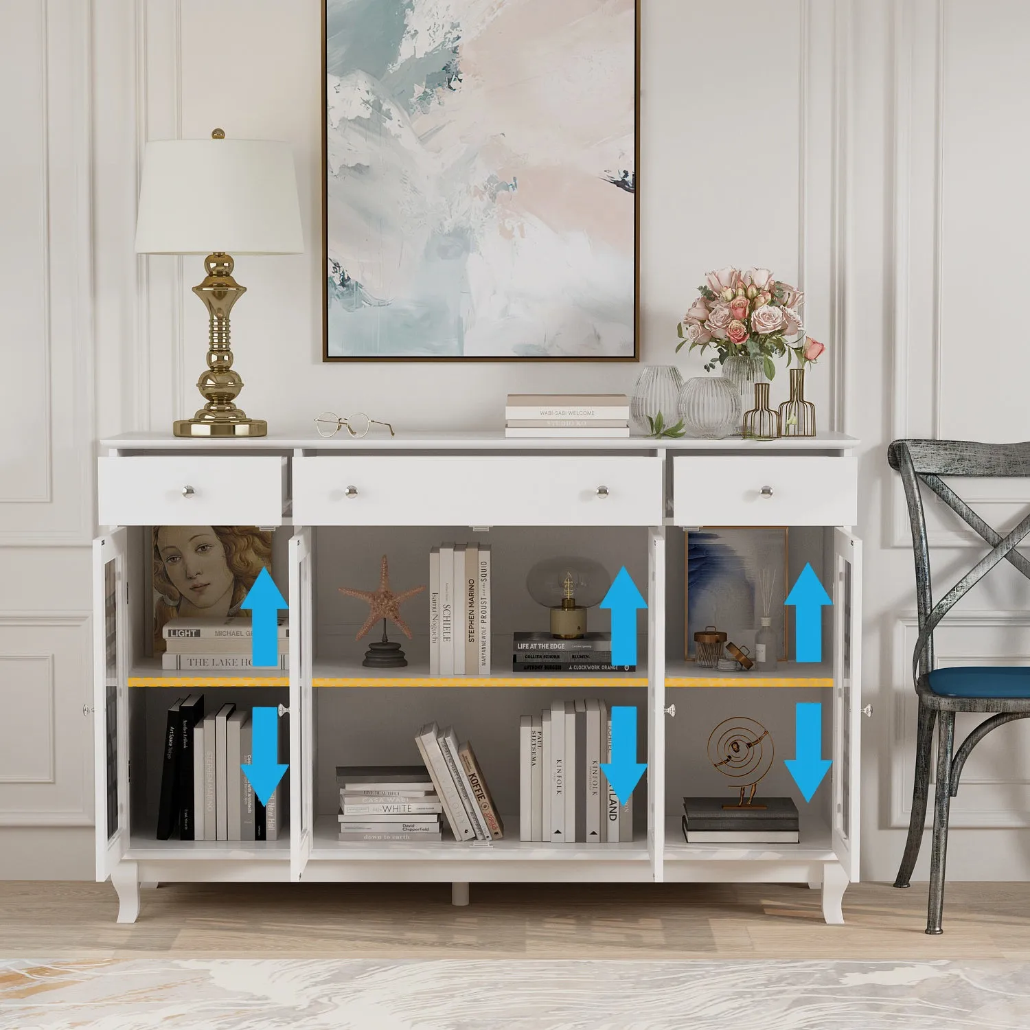 Sideboard Kitchen Buffet Cabinet with Glass Doors 3 Drawers & 6 Storage Compartments