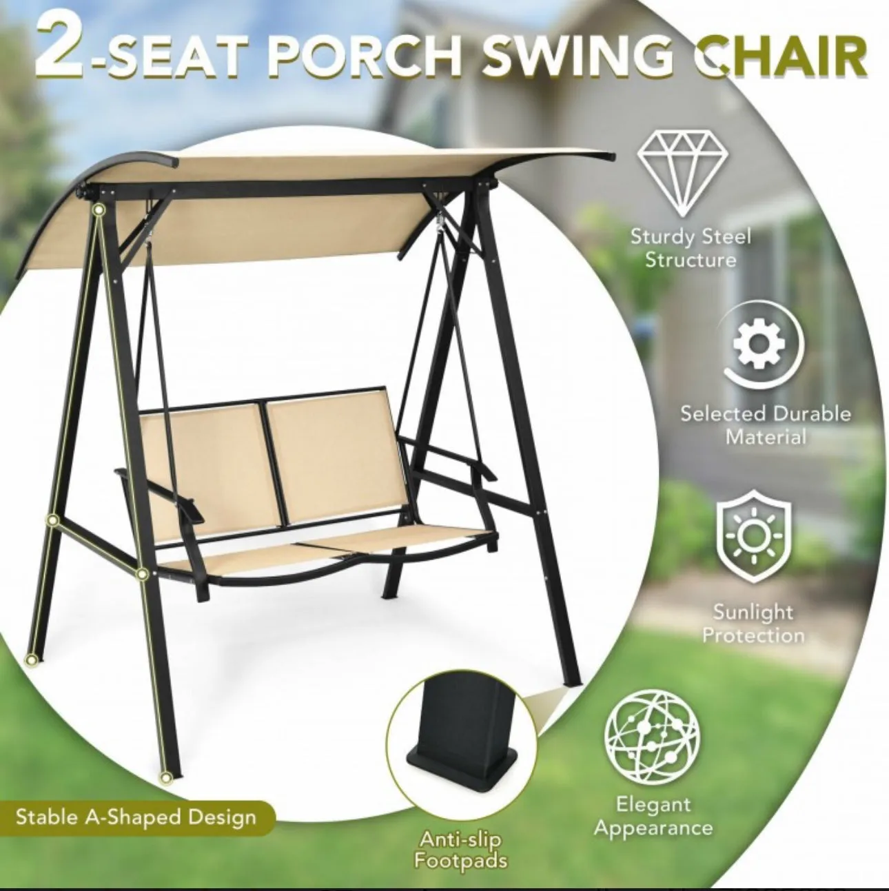 Super Elegant 2 Person Patio Swing With Weather Resistant Glider | Adjustable Canopy