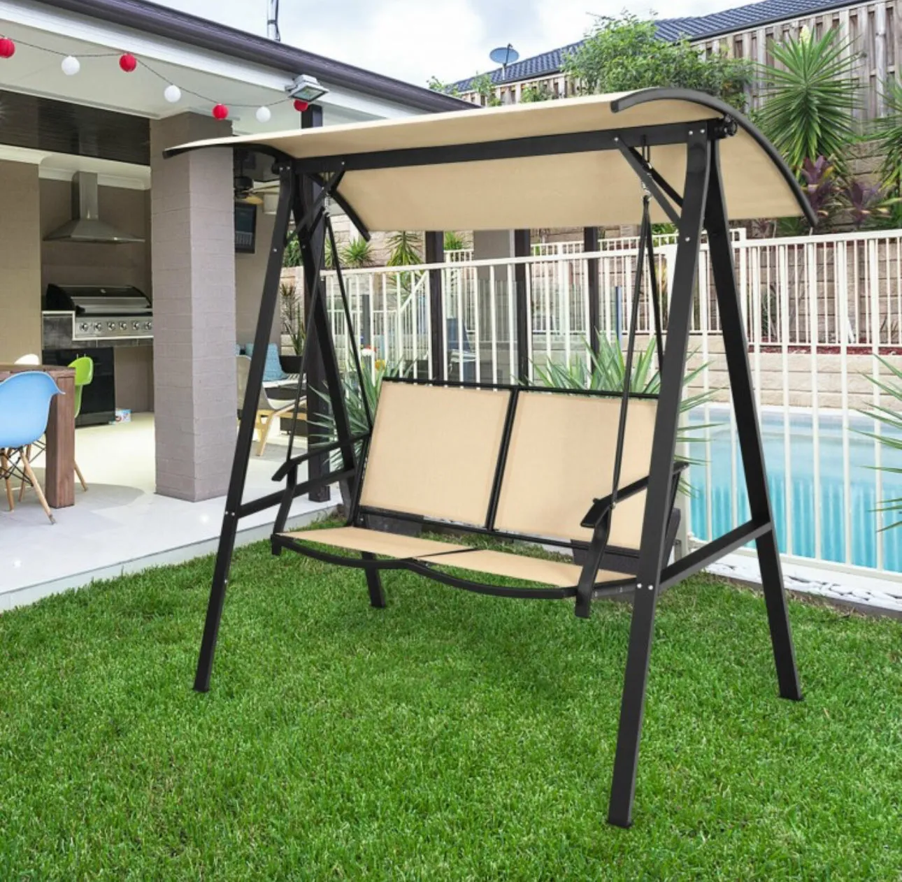 Super Elegant 2 Person Patio Swing With Weather Resistant Glider | Adjustable Canopy