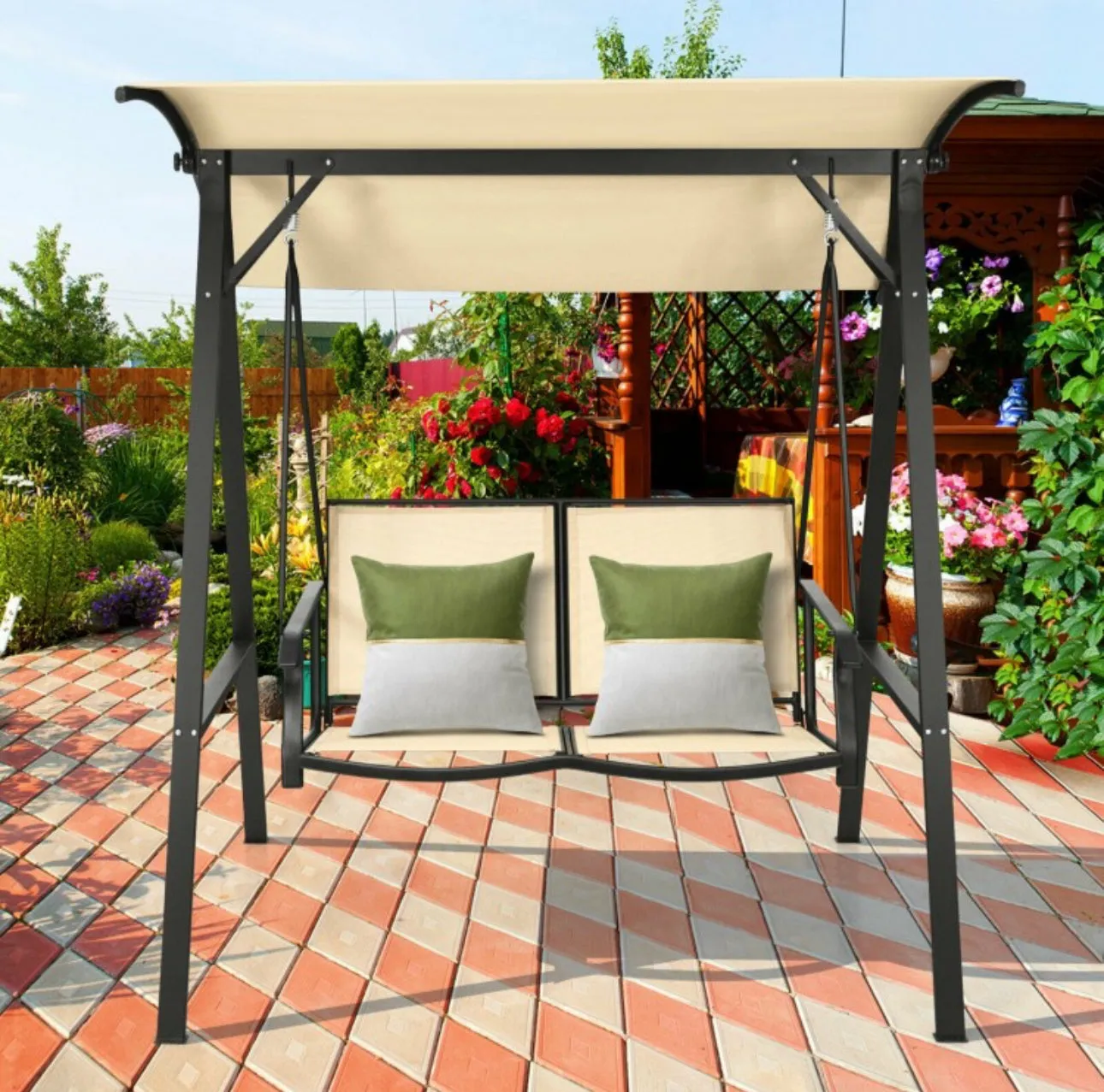 Super Elegant 2 Person Patio Swing With Weather Resistant Glider | Adjustable Canopy