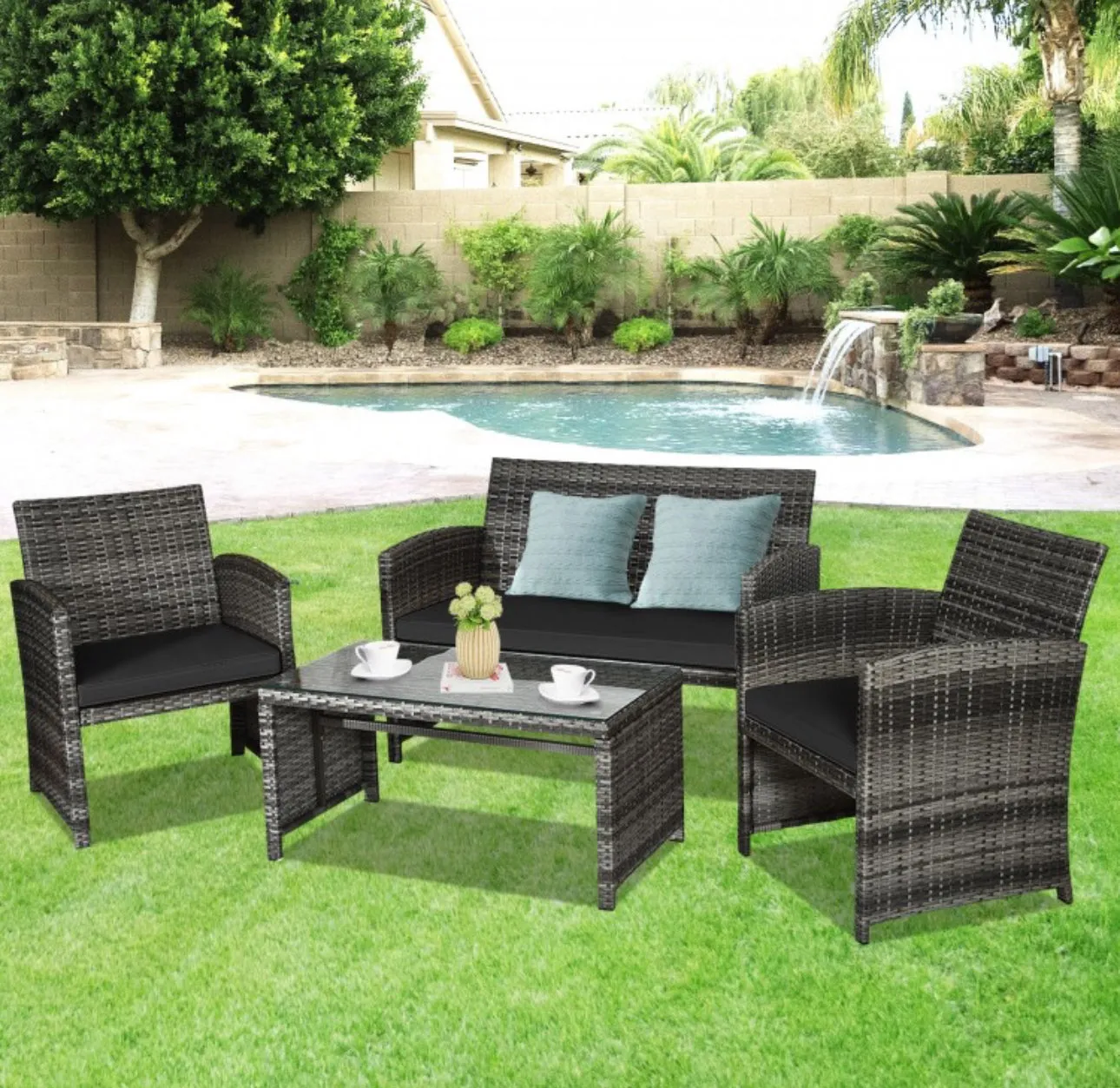 Super Elegant 4 Piece Heavy Duty Rattan Patio Furniture Set With Glass Table | Love-seat | Very Comfortable | Thickened Cushions