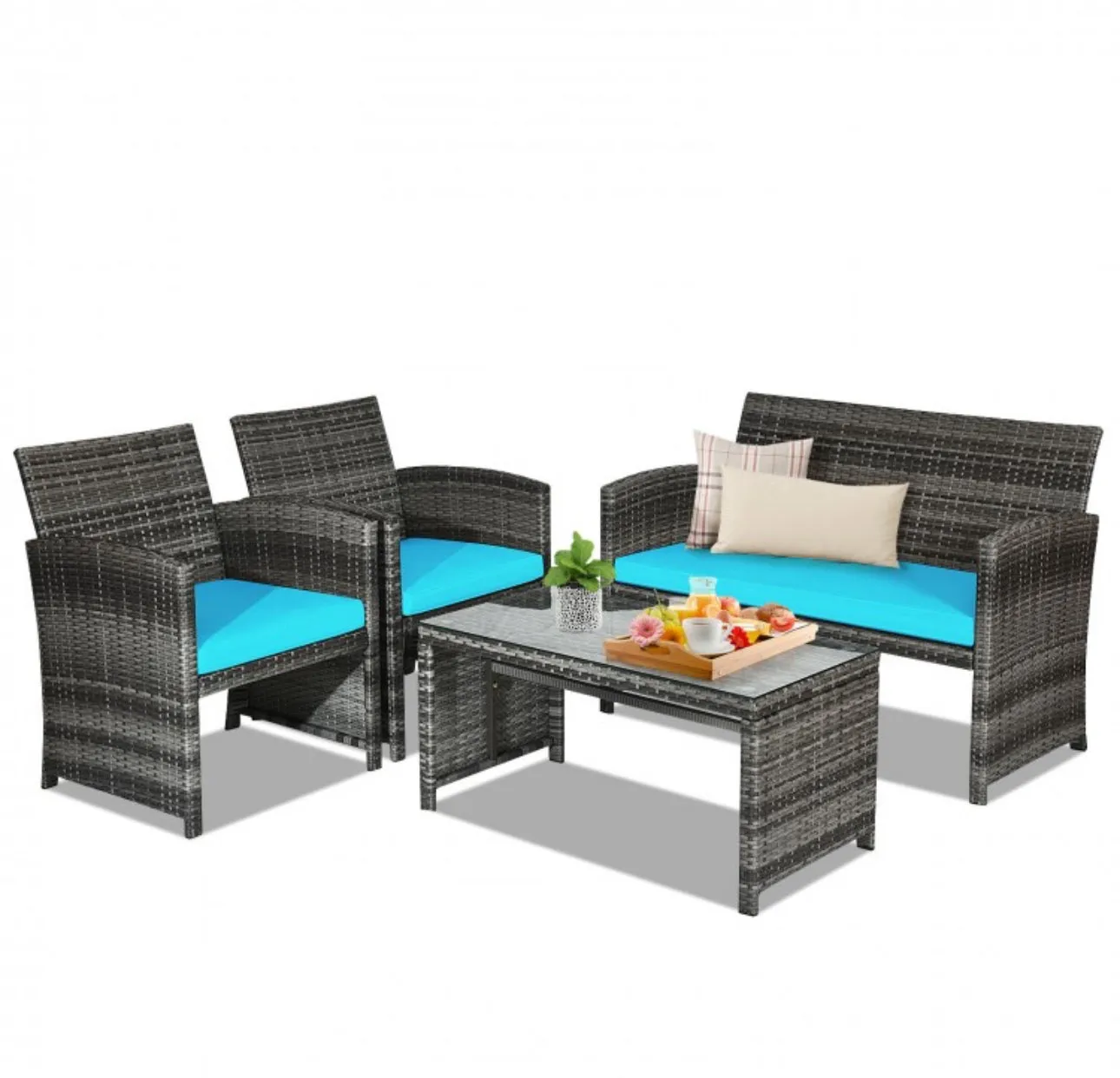 Super Elegant 4 Piece Heavy Duty Rattan Patio Furniture Set With Glass Table | Love-seat | Very Comfortable | Thickened Cushions