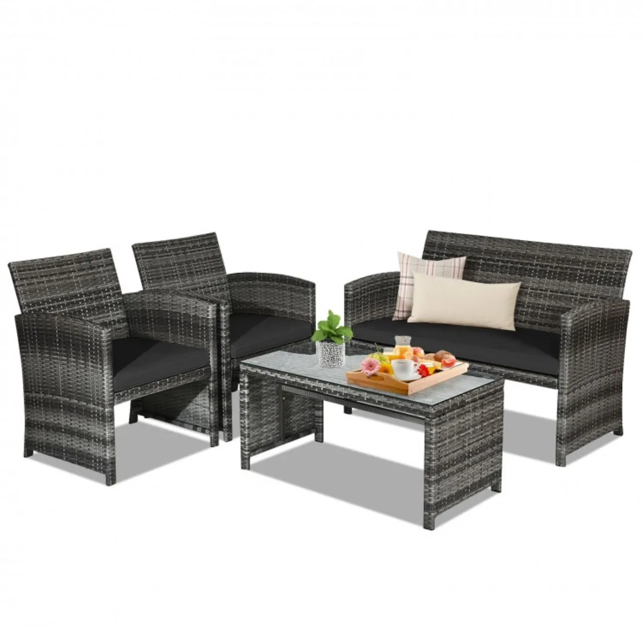 Super Elegant 4 Piece Heavy Duty Rattan Patio Furniture Set With Glass Table | Love-seat | Very Comfortable | Thickened Cushions