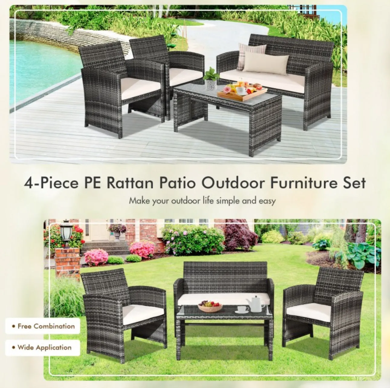 Super Elegant 4 Piece Heavy Duty Rattan Patio Furniture Set With Glass Table | Love-seat | Very Comfortable | Thickened Cushions