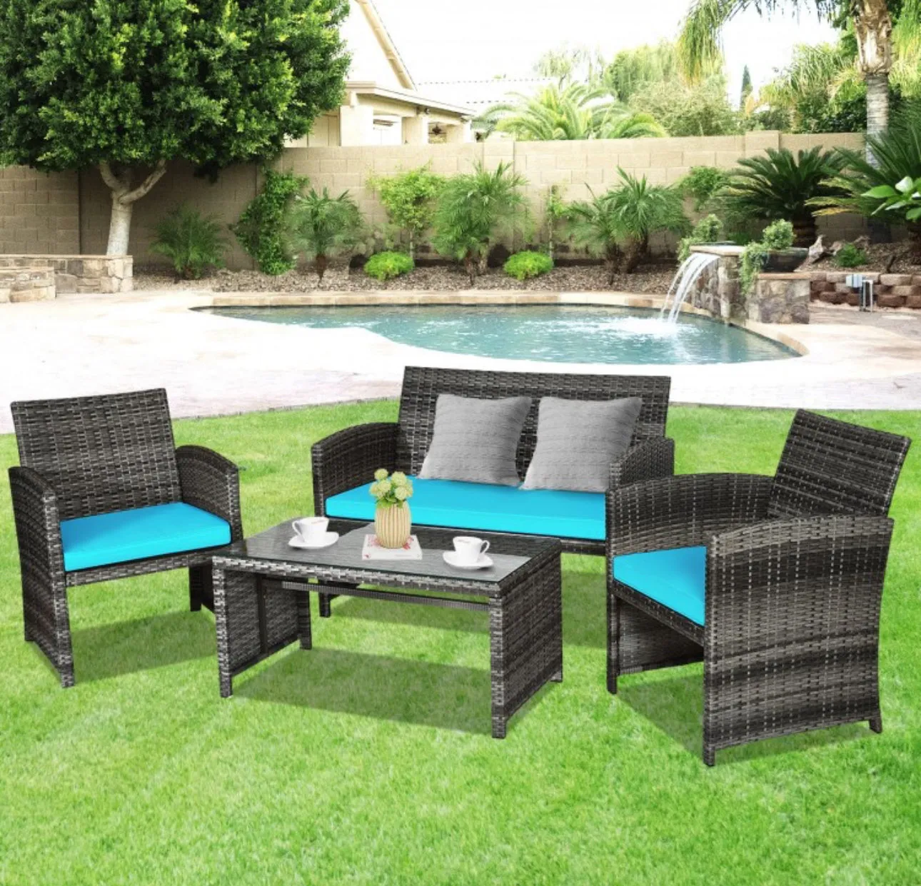 Super Elegant 4 Piece Heavy Duty Rattan Patio Furniture Set With Glass Table | Love-seat | Very Comfortable | Thickened Cushions