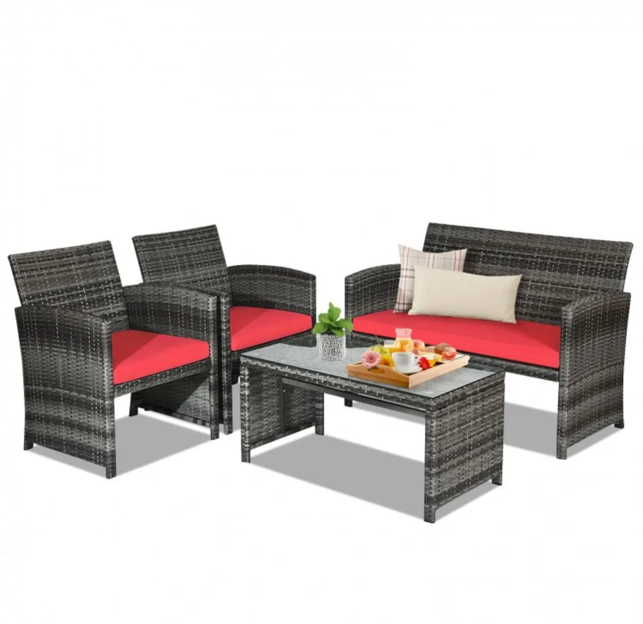 Super Elegant 4 Piece Heavy Duty Rattan Patio Furniture Set With Glass Table | Love-seat | Very Comfortable | Thickened Cushions