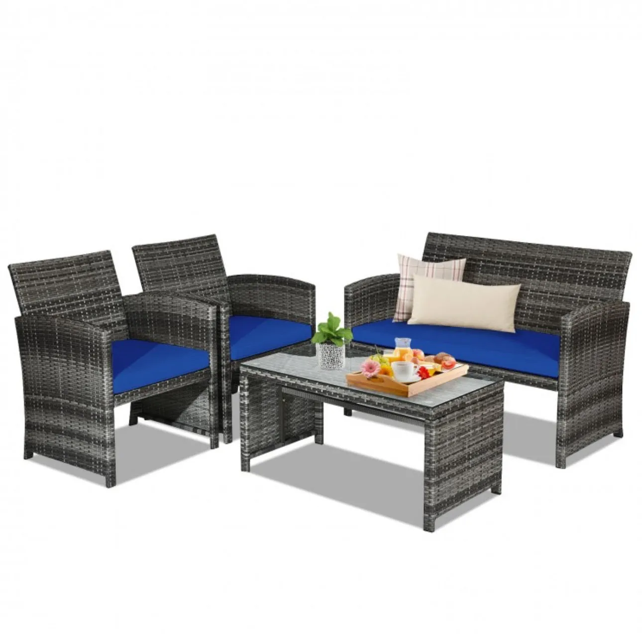 Super Elegant 4 Piece Heavy Duty Rattan Patio Furniture Set With Glass Table | Love-seat | Very Comfortable | Thickened Cushions