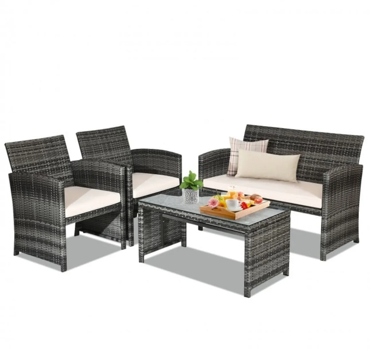 Super Elegant 4 Piece Heavy Duty Rattan Patio Furniture Set With Glass Table | Love-seat | Very Comfortable | Thickened Cushions