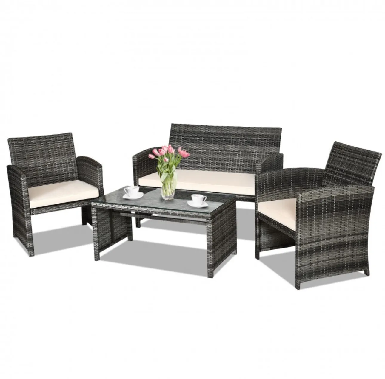 Super Elegant 4 Piece Heavy Duty Rattan Patio Furniture Set With Glass Table | Love-seat | Very Comfortable | Thickened Cushions