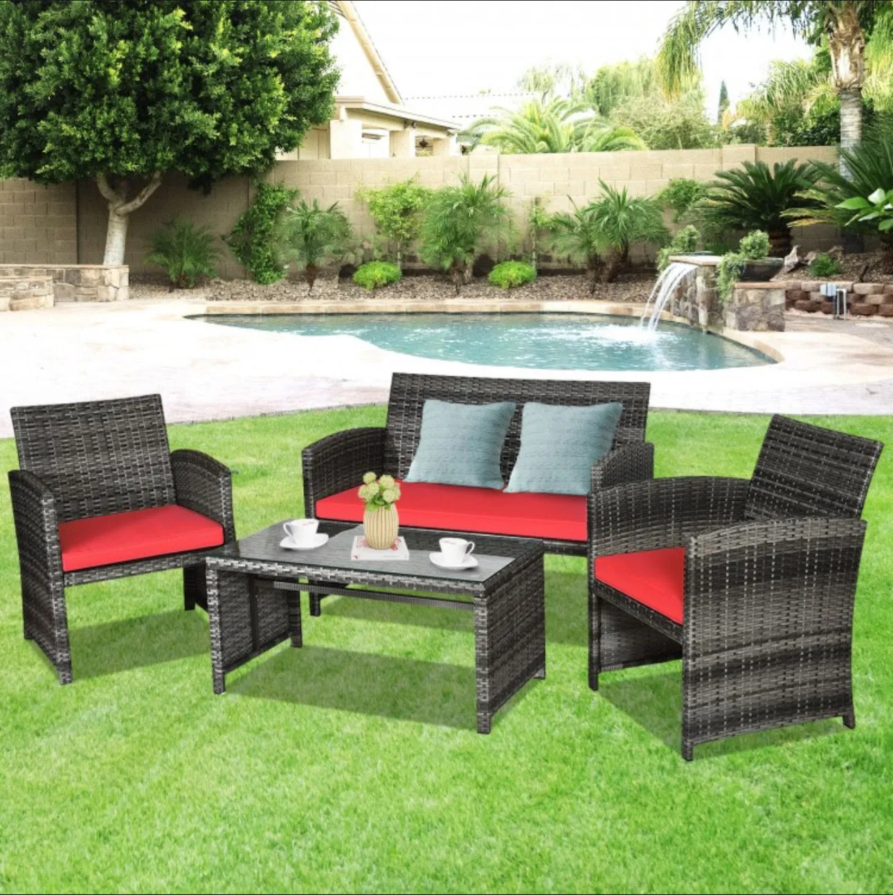 Super Elegant 4 Piece Heavy Duty Rattan Patio Furniture Set With Glass Table | Love-seat | Very Comfortable | Thickened Cushions