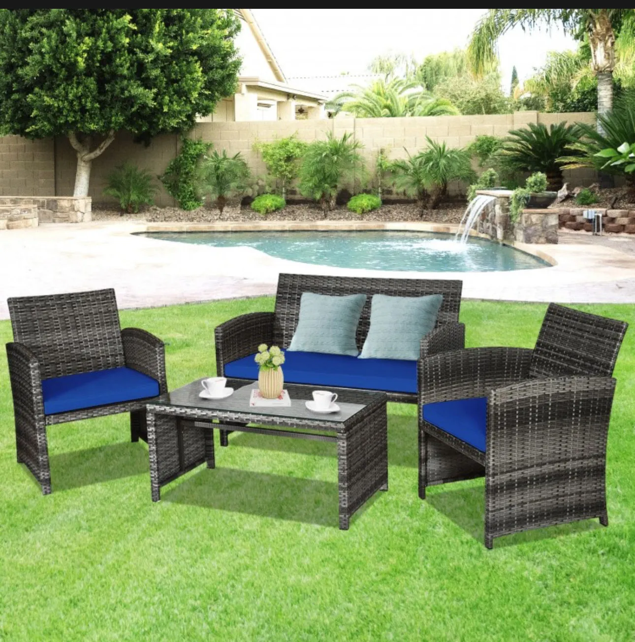 Super Elegant 4 Piece Heavy Duty Rattan Patio Furniture Set With Glass Table | Love-seat | Very Comfortable | Thickened Cushions