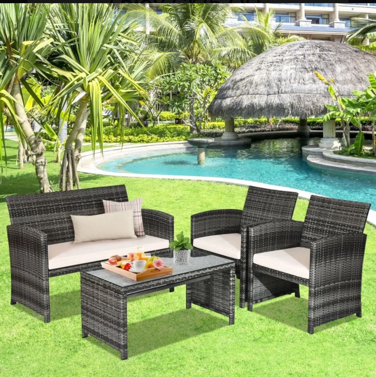 Super Elegant 4 Piece Heavy Duty Rattan Patio Furniture Set With Glass Table | Love-seat | Very Comfortable | Thickened Cushions