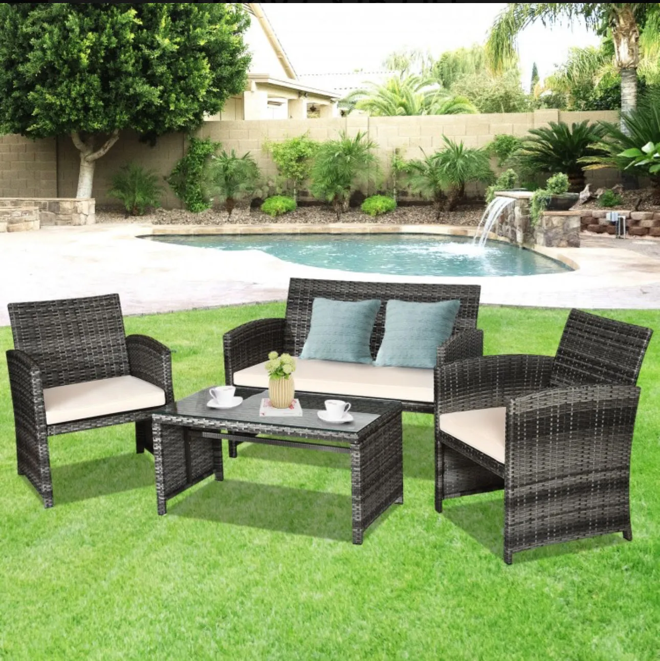 Super Elegant 4 Piece Heavy Duty Rattan Patio Furniture Set With Glass Table | Love-seat | Very Comfortable | Thickened Cushions