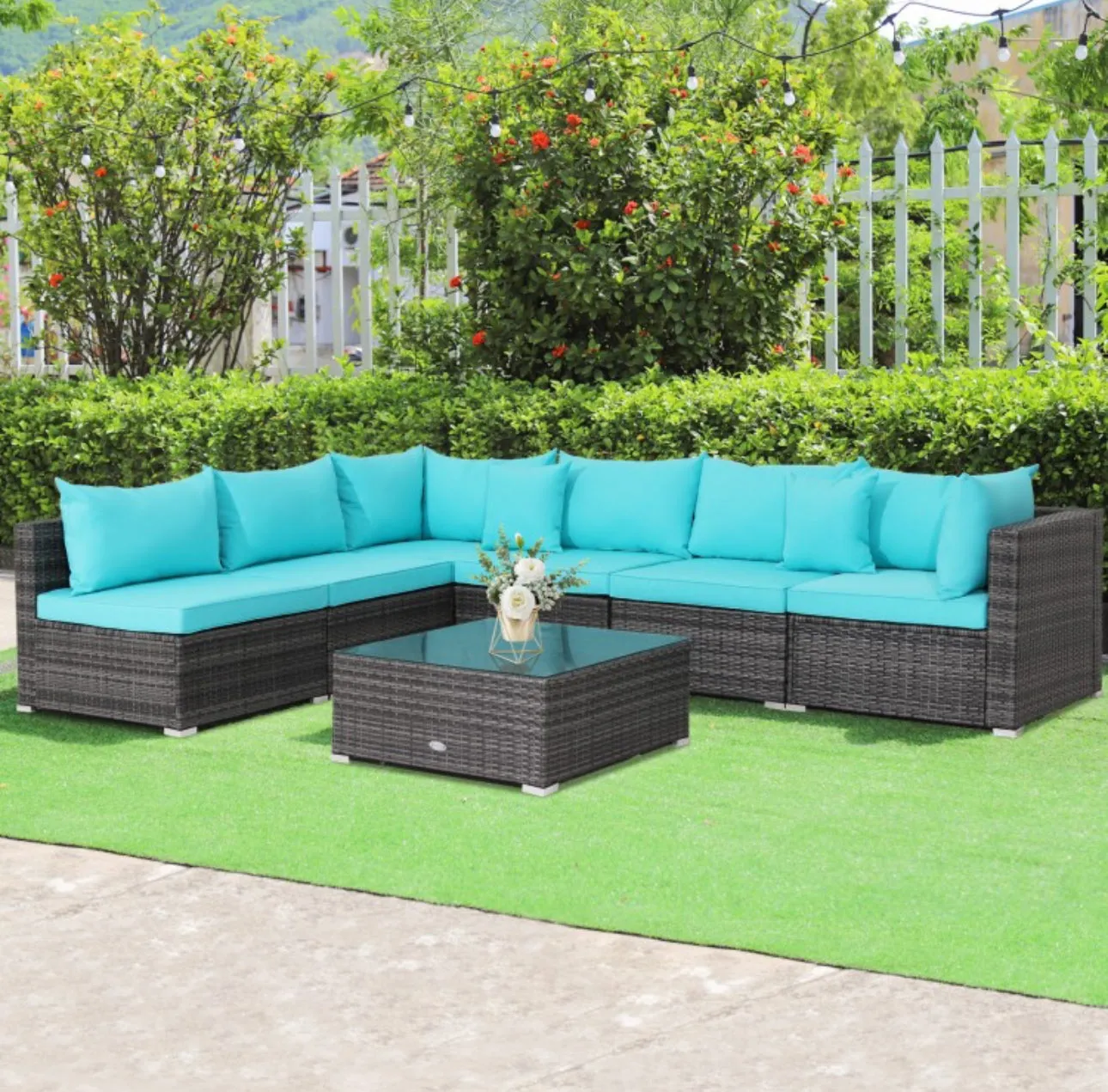 Super Elegant & Relaxing 7 Piece Patio Furniture Rattan Set With Sectional Sofa | Cushions