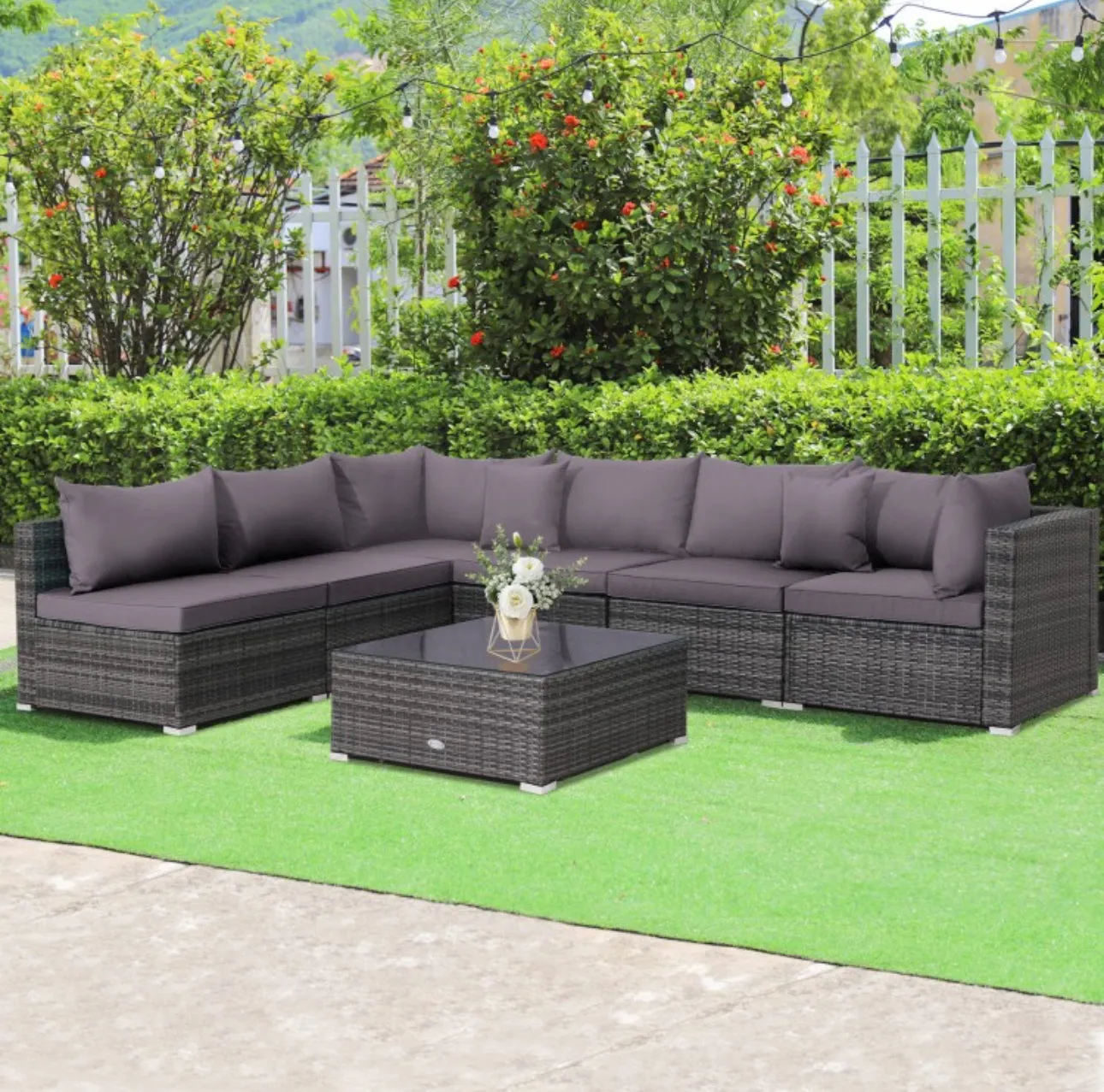 Super Elegant & Relaxing 7 Piece Patio Furniture Rattan Set With Sectional Sofa | Cushions