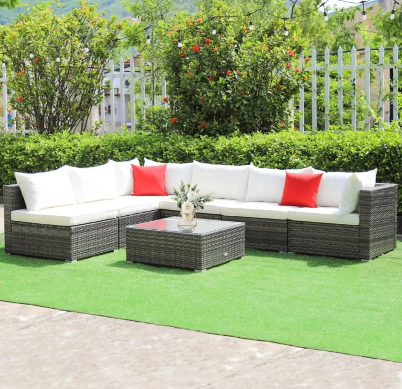 Super Elegant & Relaxing 7 Piece Patio Furniture Rattan Set With Sectional Sofa | Cushions